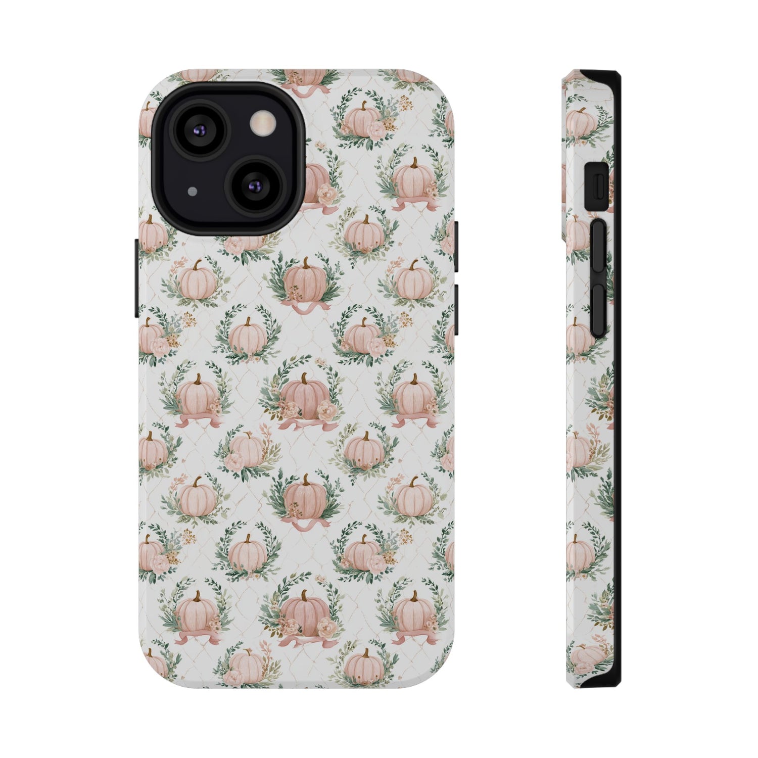 Phone case with pumpkin and leaf pattern on a white background