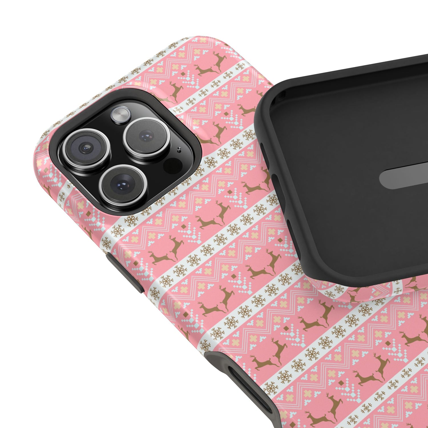 A pink Christmas-themed phone case with a pattern of deer antlers and stars, featuring a black removable TPU inner layer.