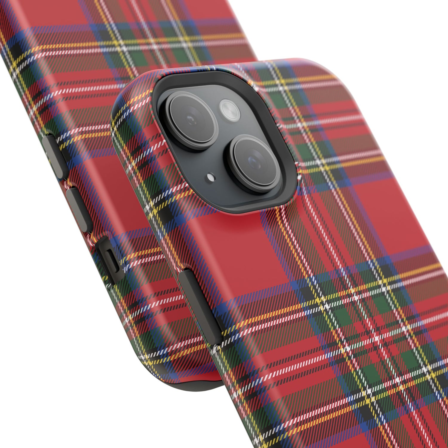 A red and green tartan plaid patterned phone case with a phone camera and speaker module on the top edge.