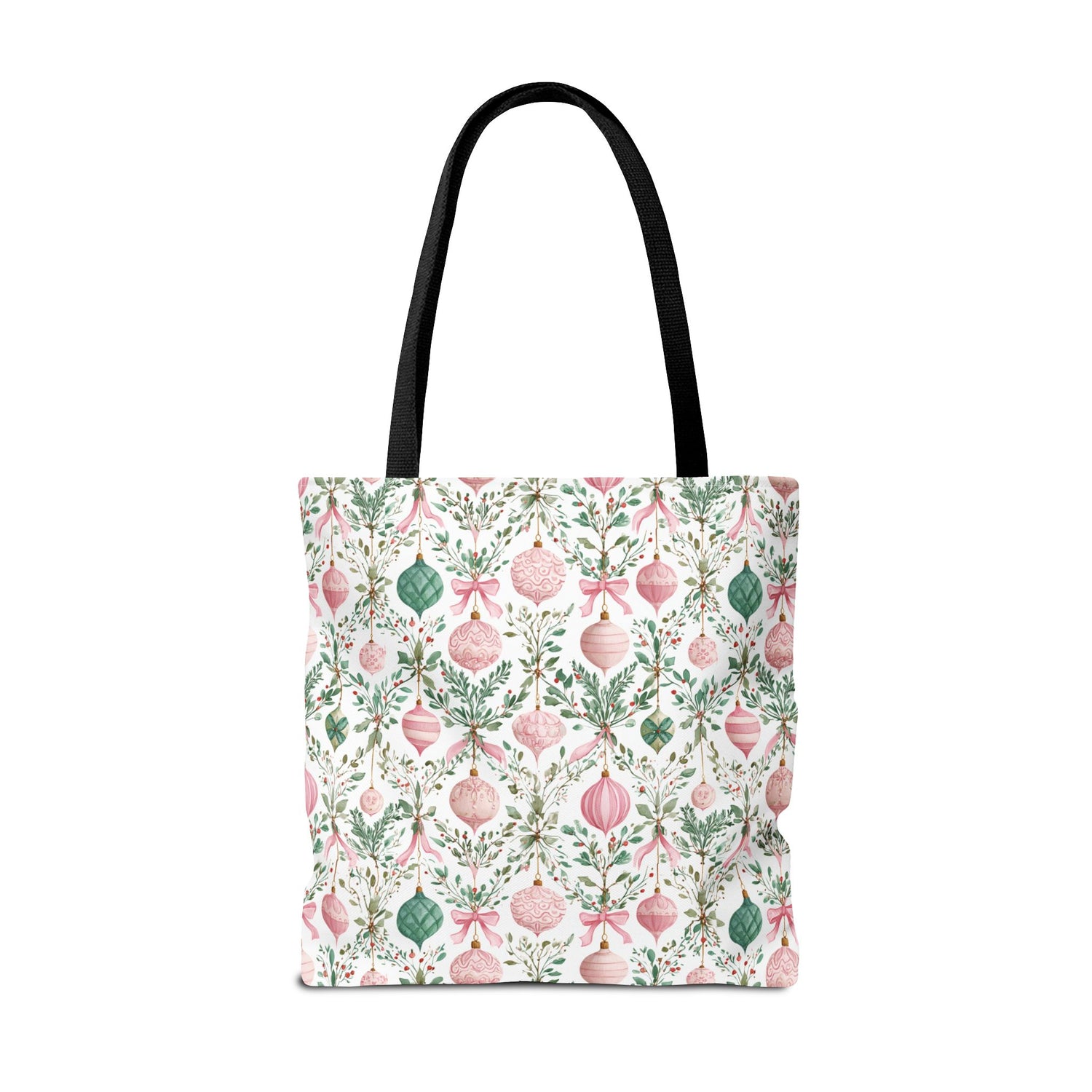 Tote bag with floral and Christmas ornament pattern on a white background
