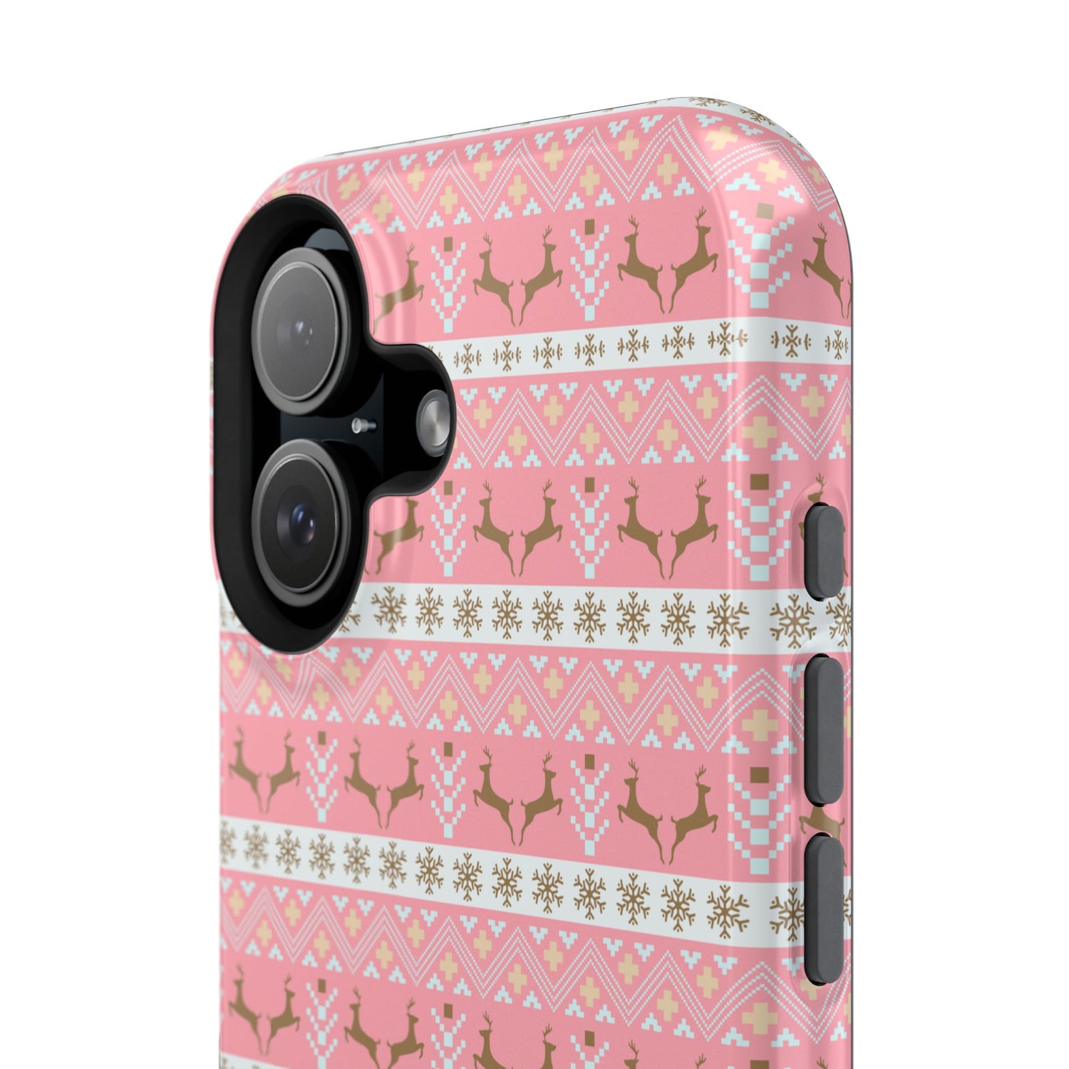 A pink Christmas-themed phone case with a pattern of deer antlers and stars, featuring a black removable TPU inner layer.