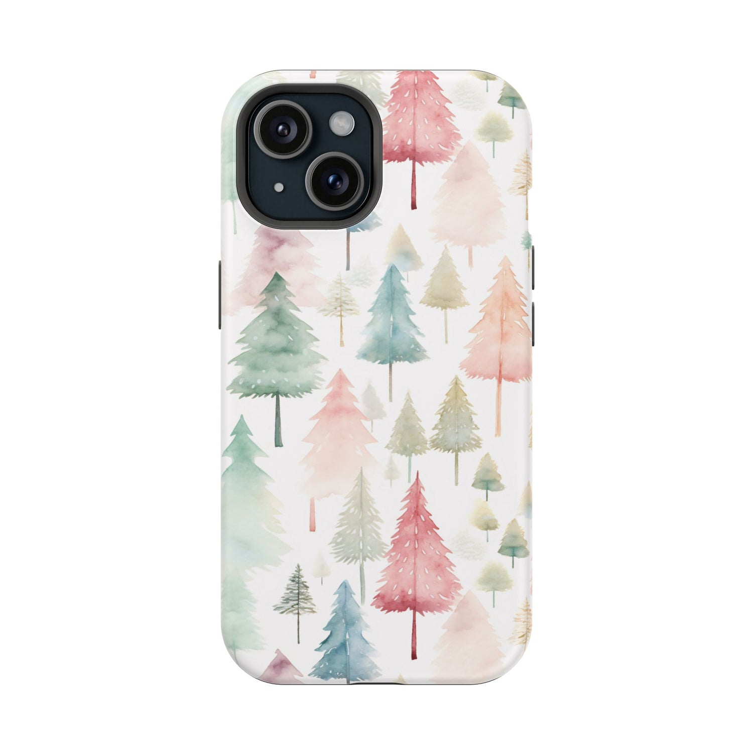 A phone case with a Christmas tree watercolor print, featuring a black plastic border and a wireless charging camera cut-out on the back.