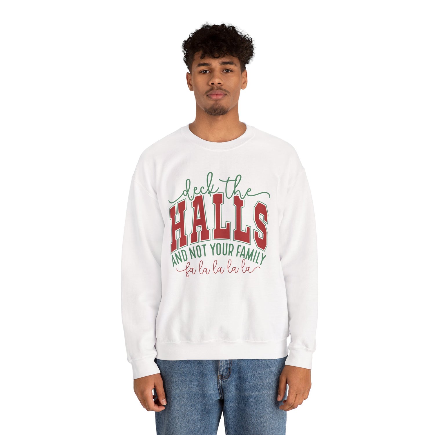 Person wearing a white sweatshirt with Christmas-themed text on a white background