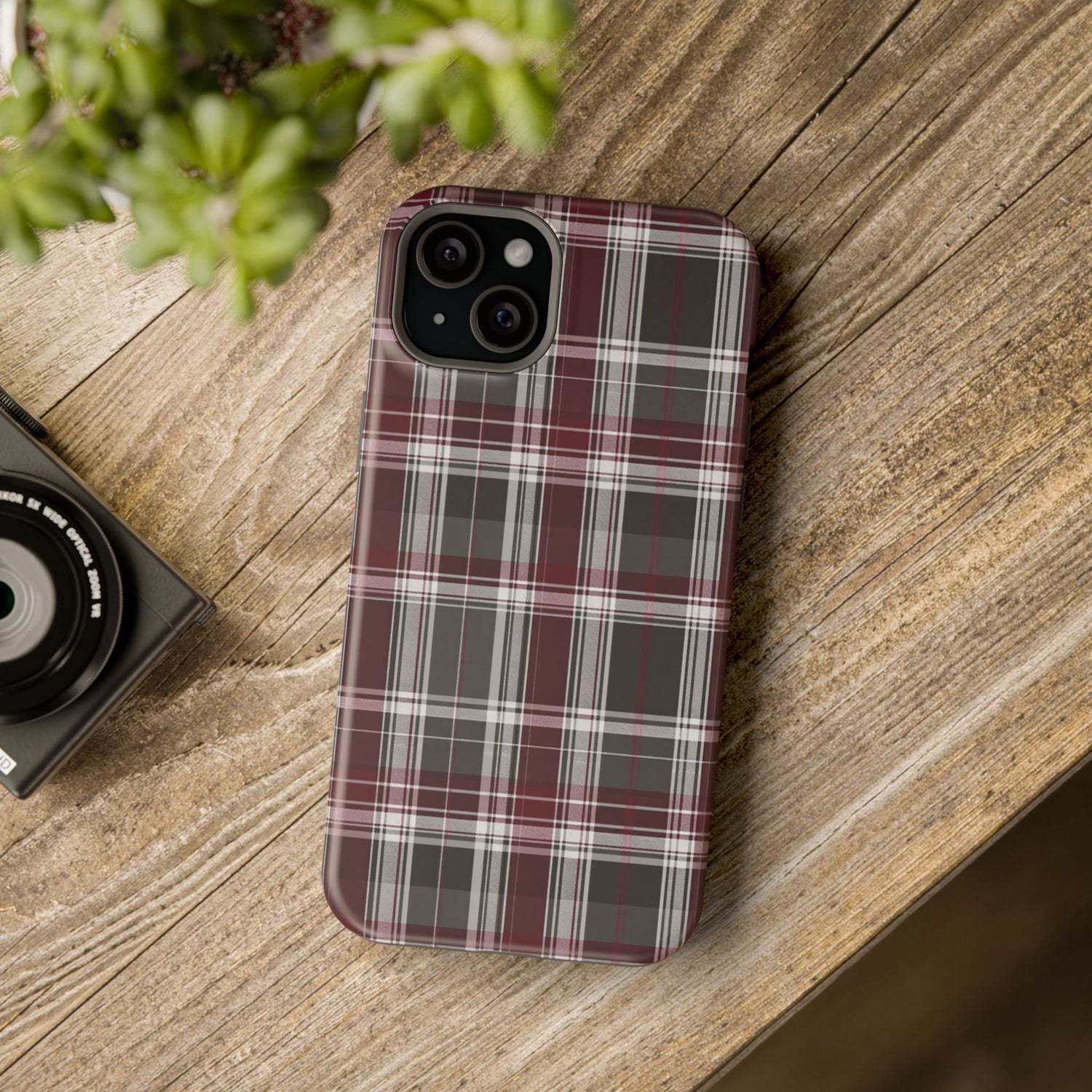 Stylish Plaid Impact-Resistant Phone Cases- Maroon Grey Plaid