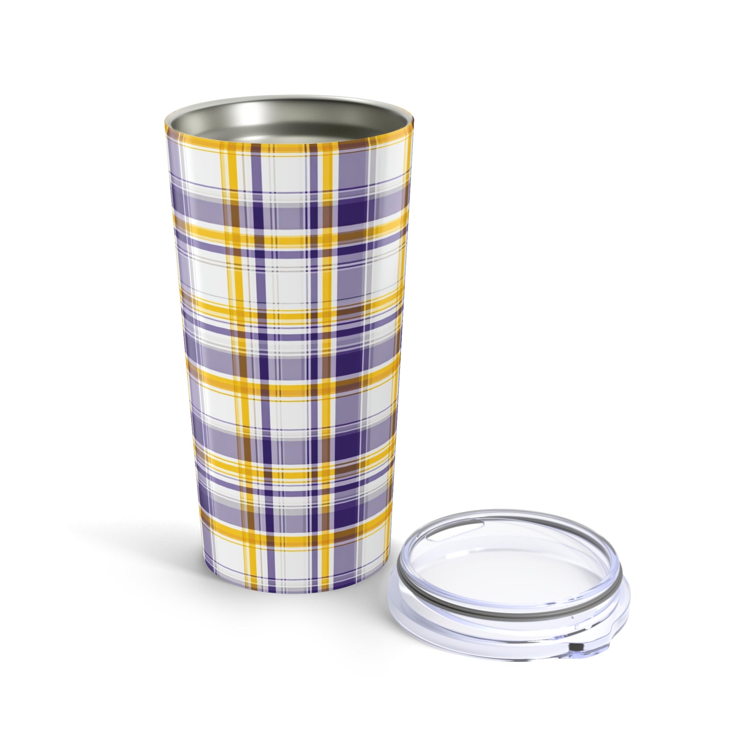 Plaid-patterned tumbler with a clear lid on a white background