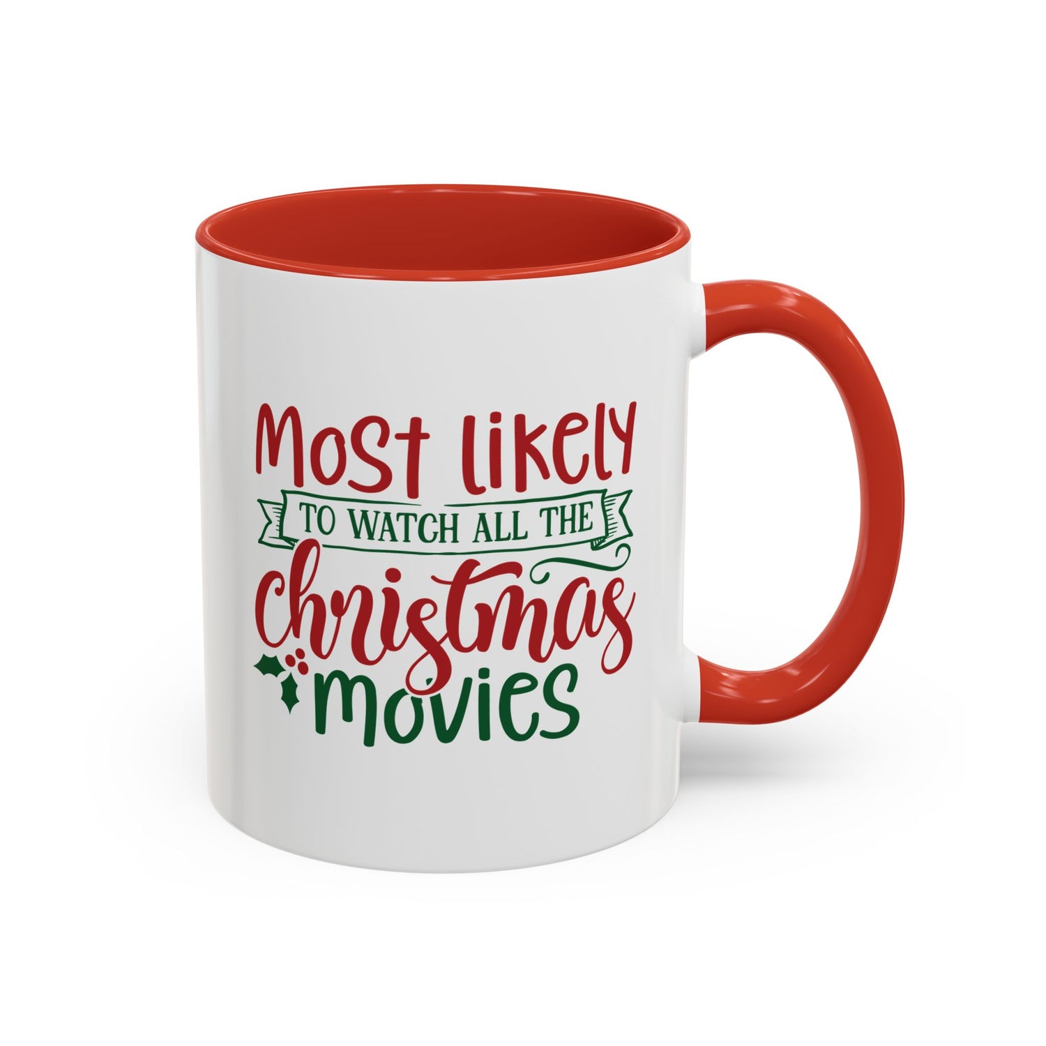 White mug with red interior and handle featuring Christmas-themed text on a white background