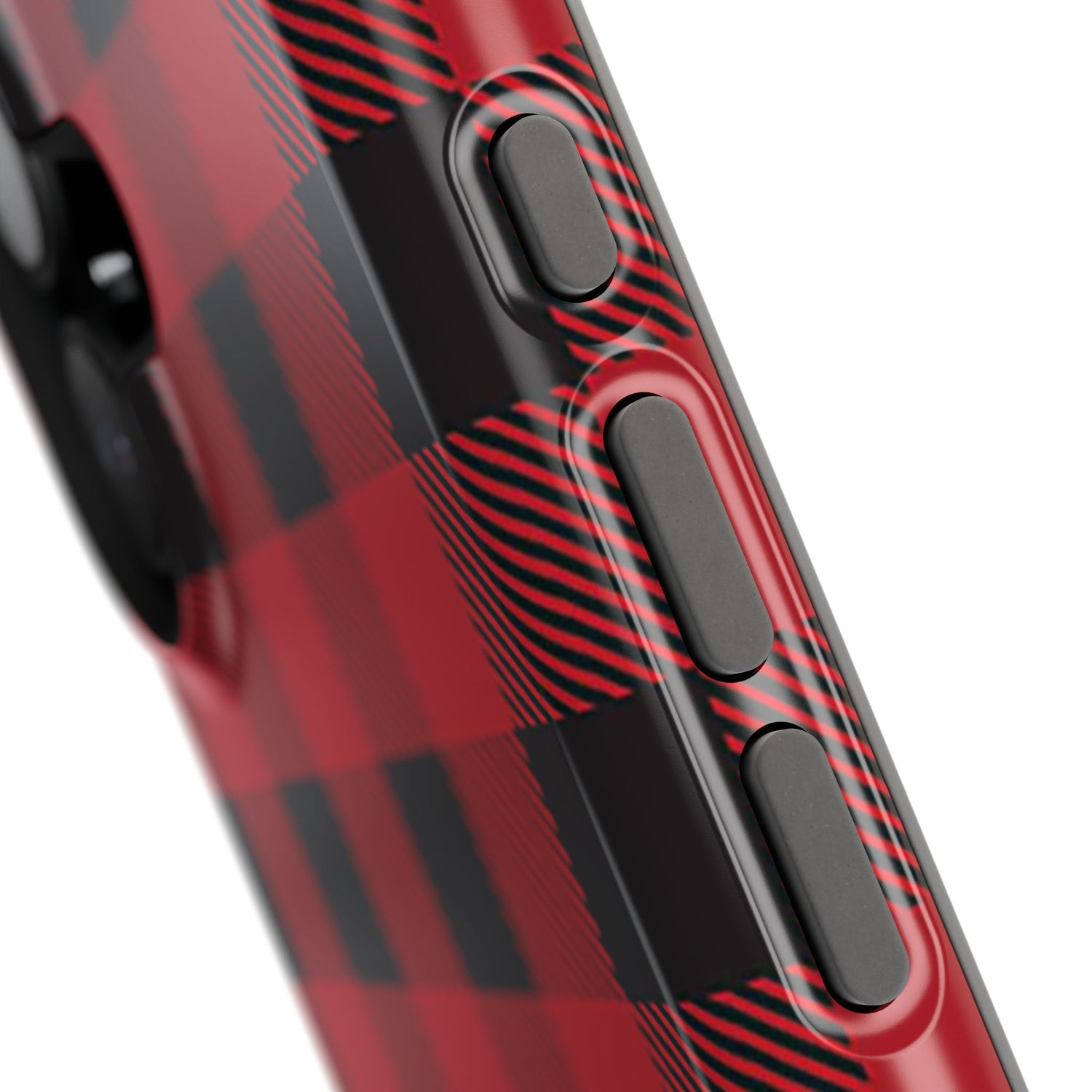 A red and black checkered phone case with a buffalo plaid pattern, featuring a dual-layer protection design and wireless charging friendly.