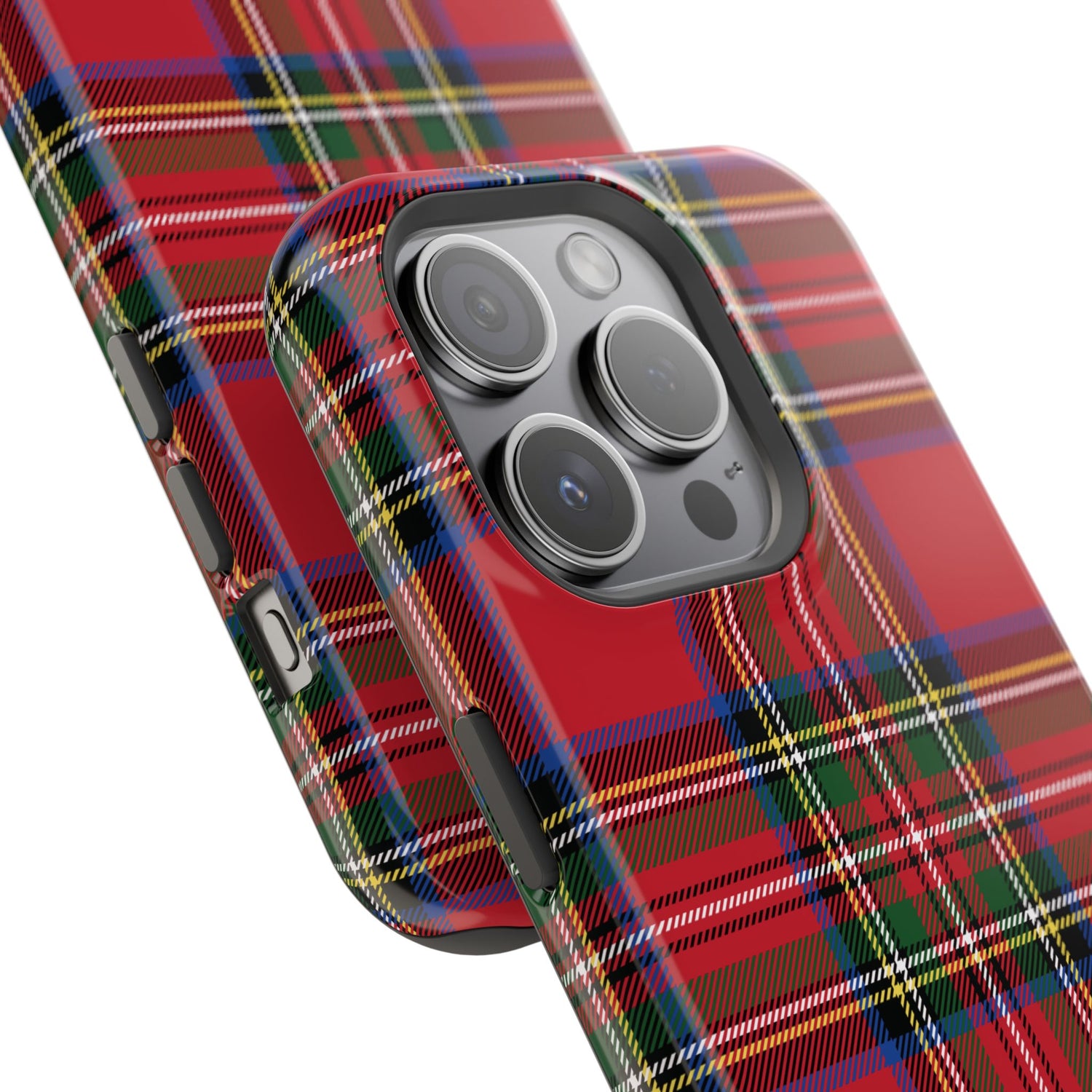 A red phone case with a tartan plaid pattern, featuring a camera module with multiple lenses and a glossy finish.