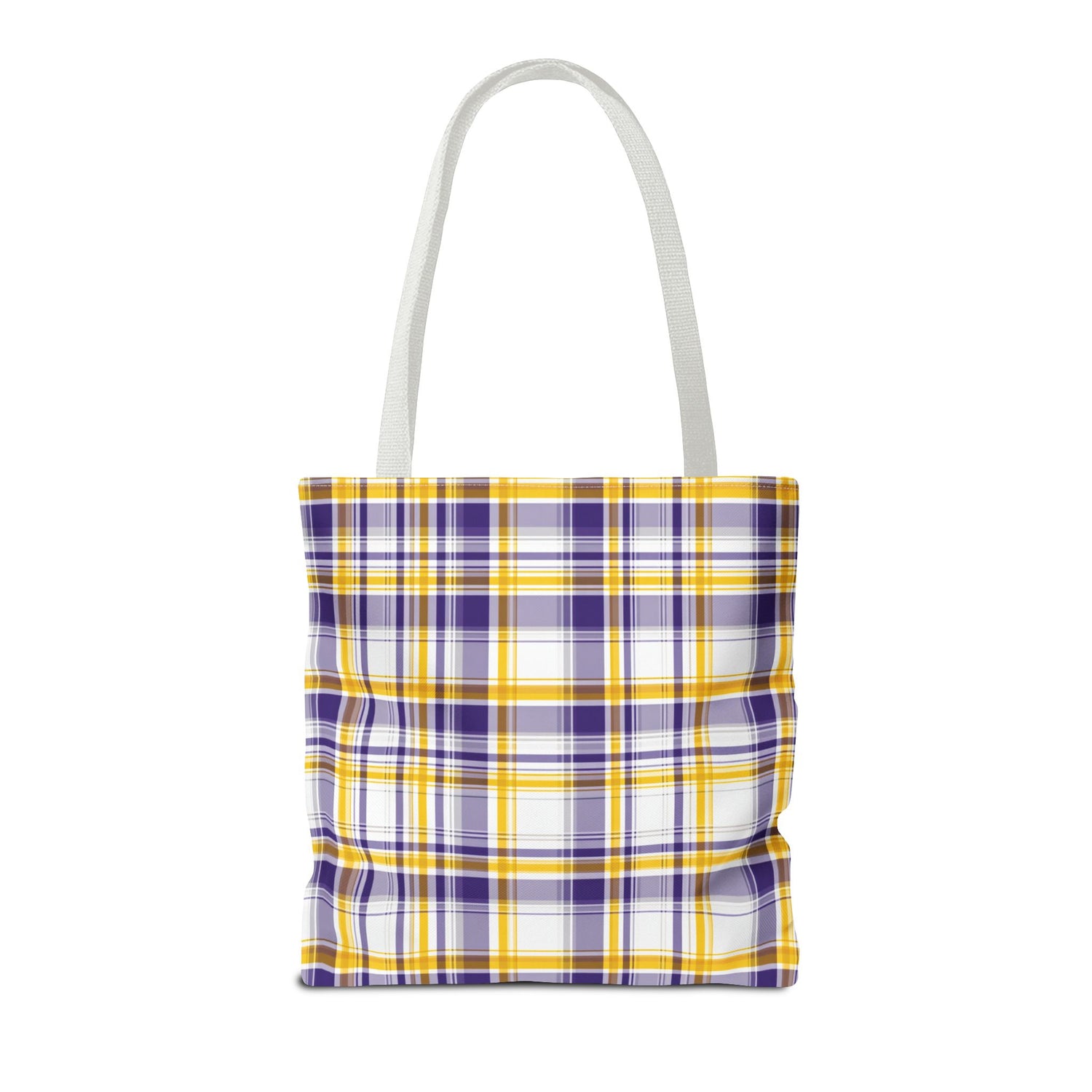 Plaid tote bag with a white handle on a white background