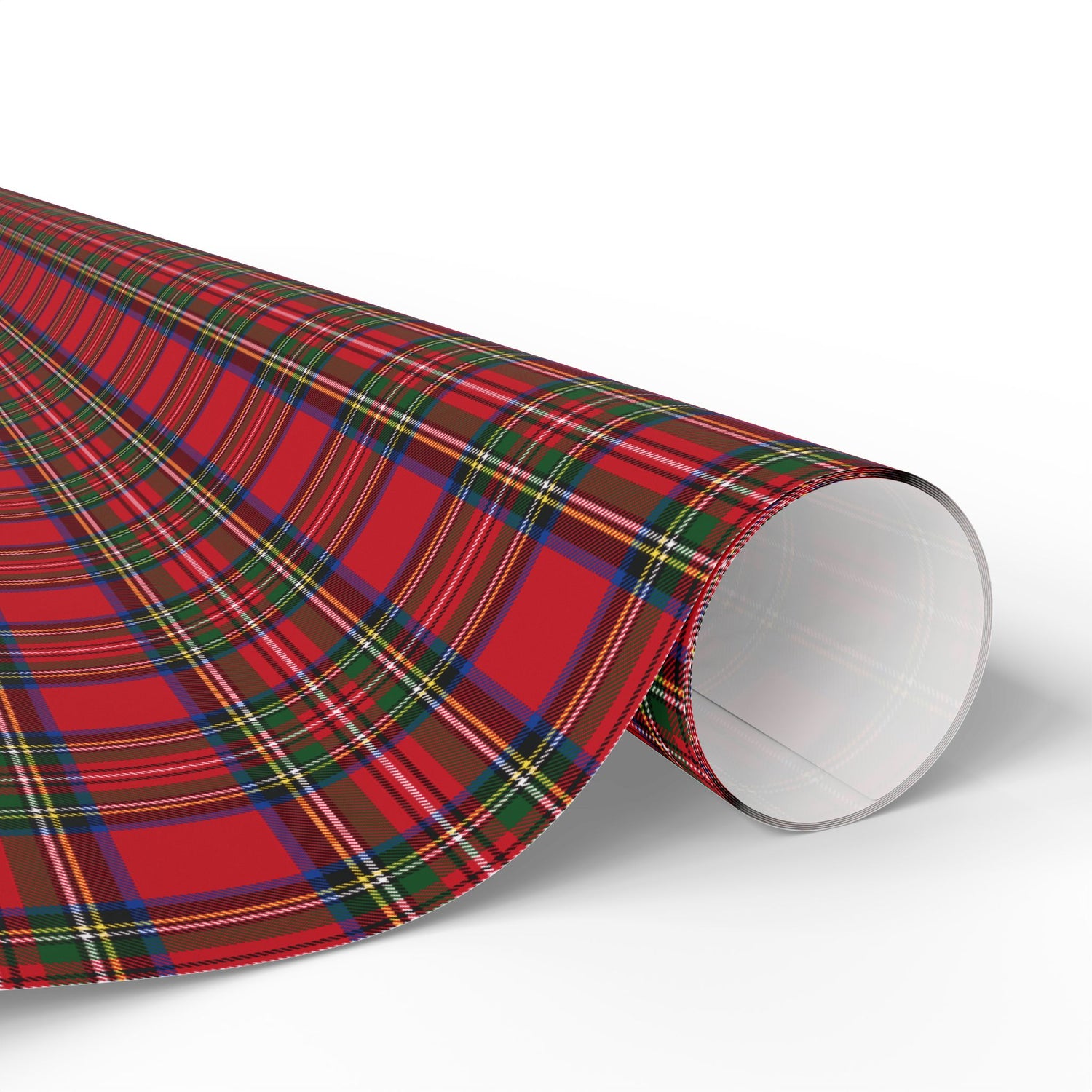 Roll of red plaid wrapping paper on a white background