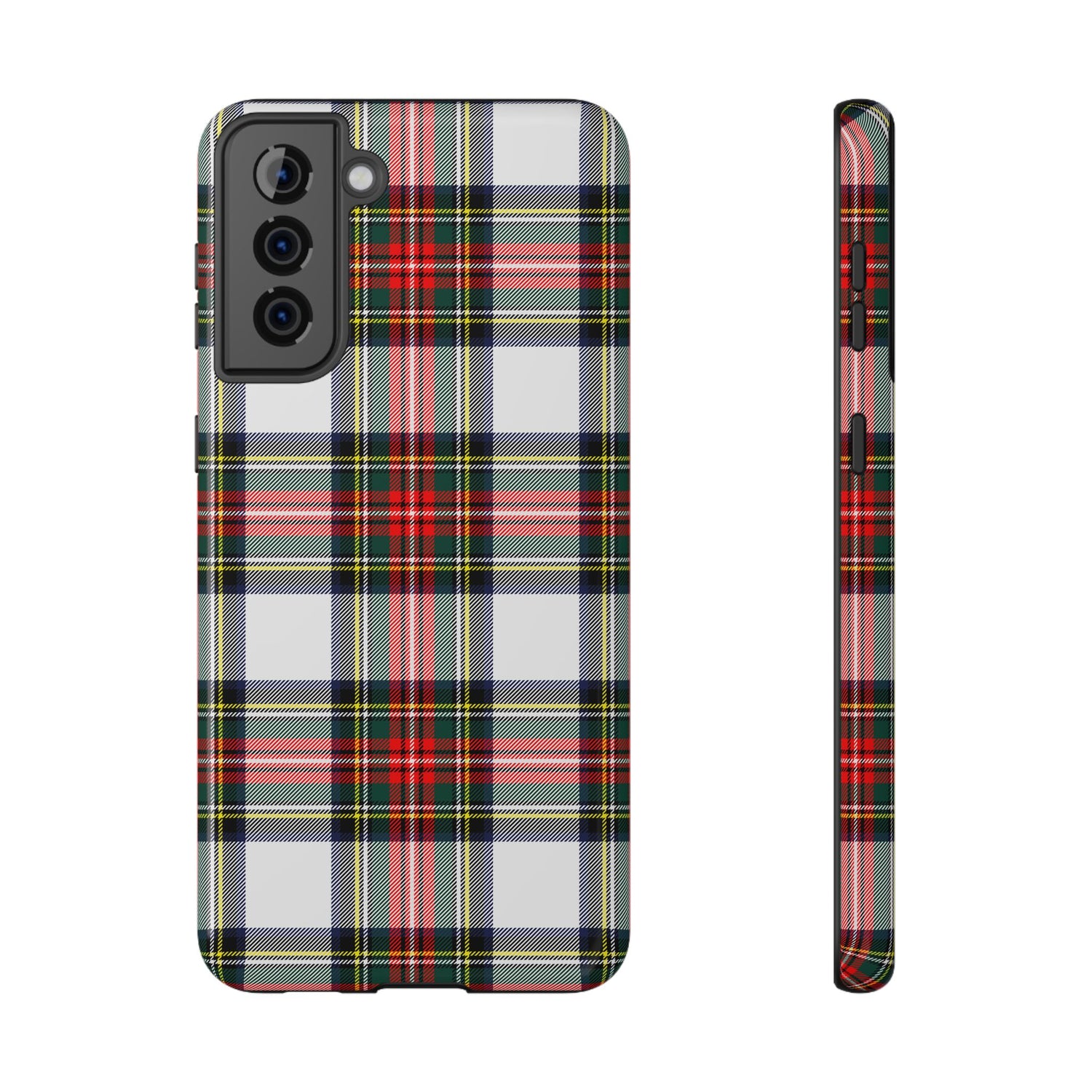 A phone case with a Christmas-themed tartan plaid design, shown from the front and back view, indicating the case is impact-resistant and has a wireless charging friendly design.