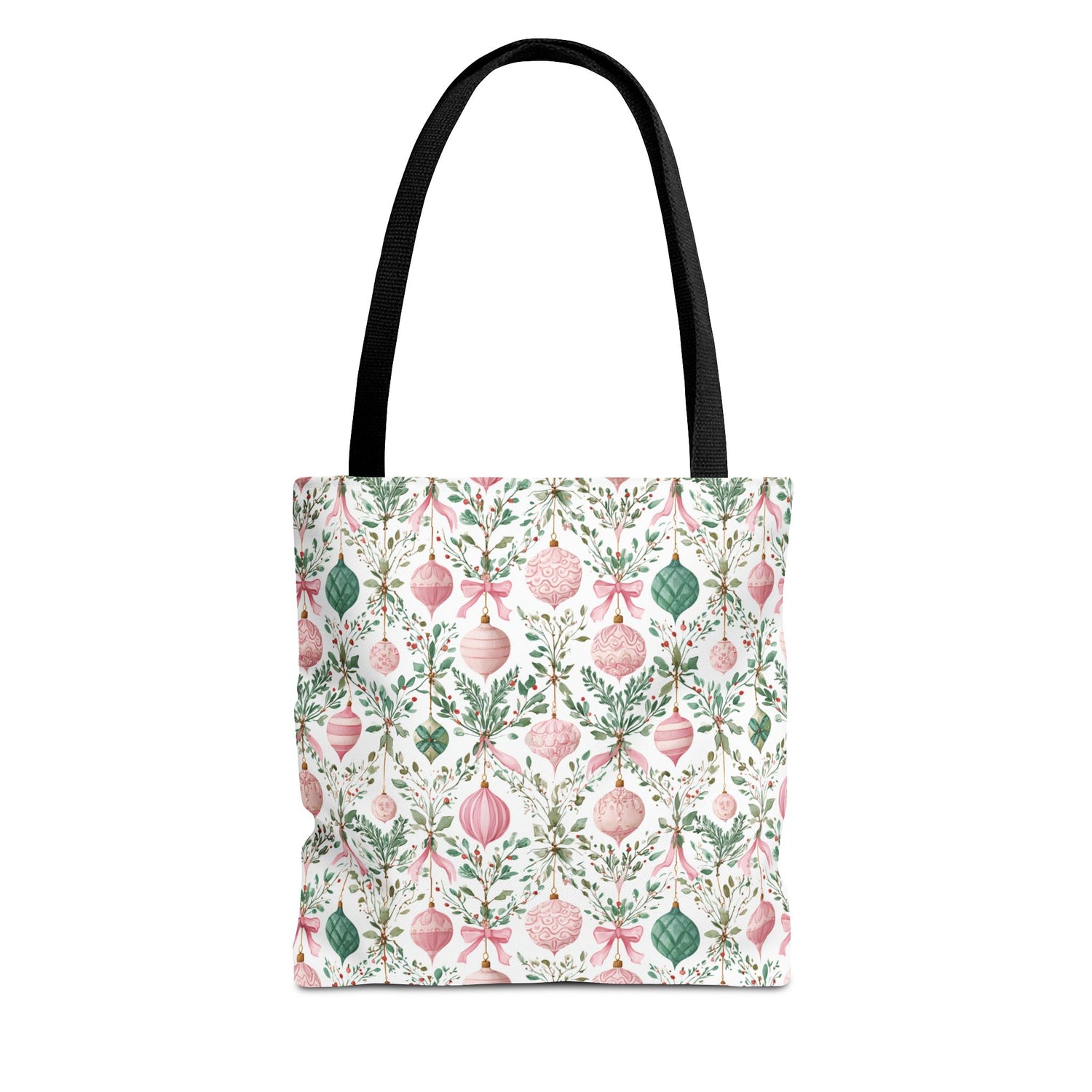Tote bag with Christmas-themed pattern featuring ornaments and foliage on a white background