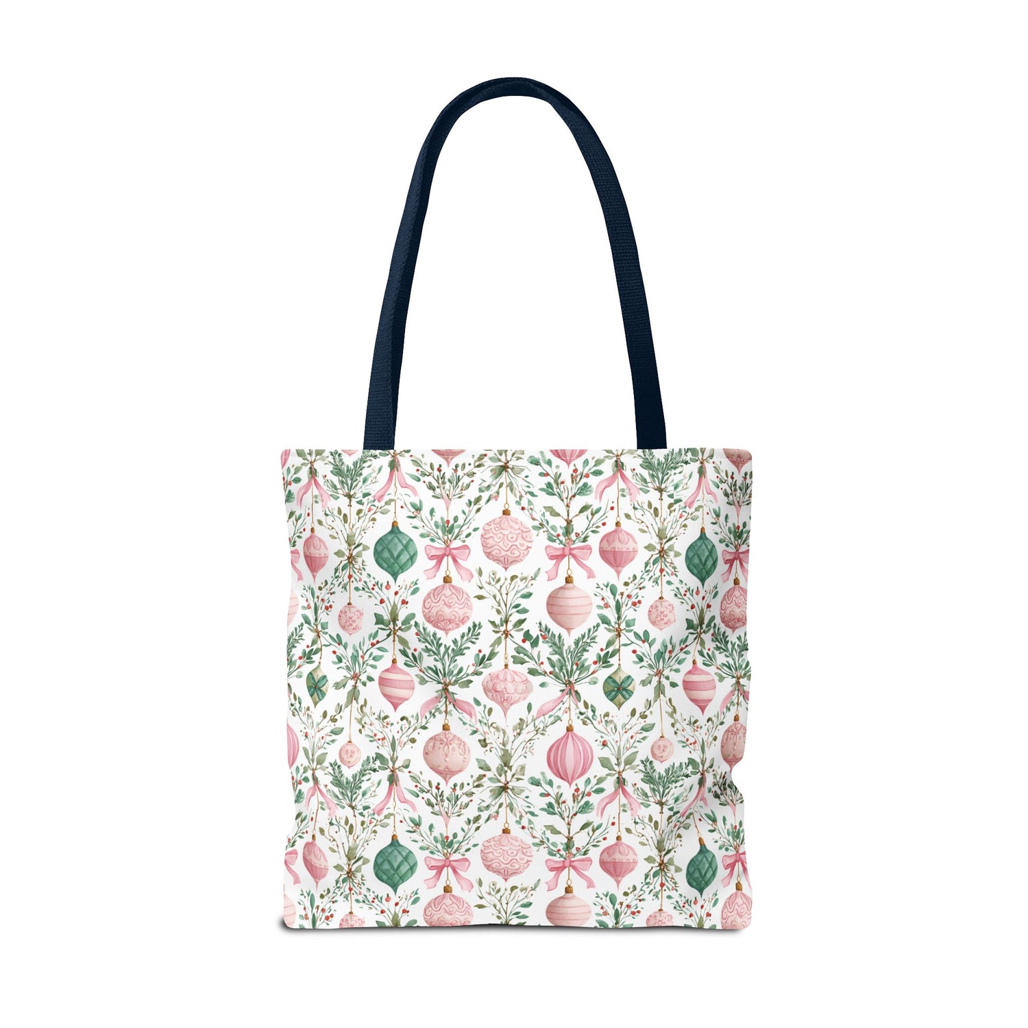 Festive Holiday Tote Bag- Pink Green Ornaments