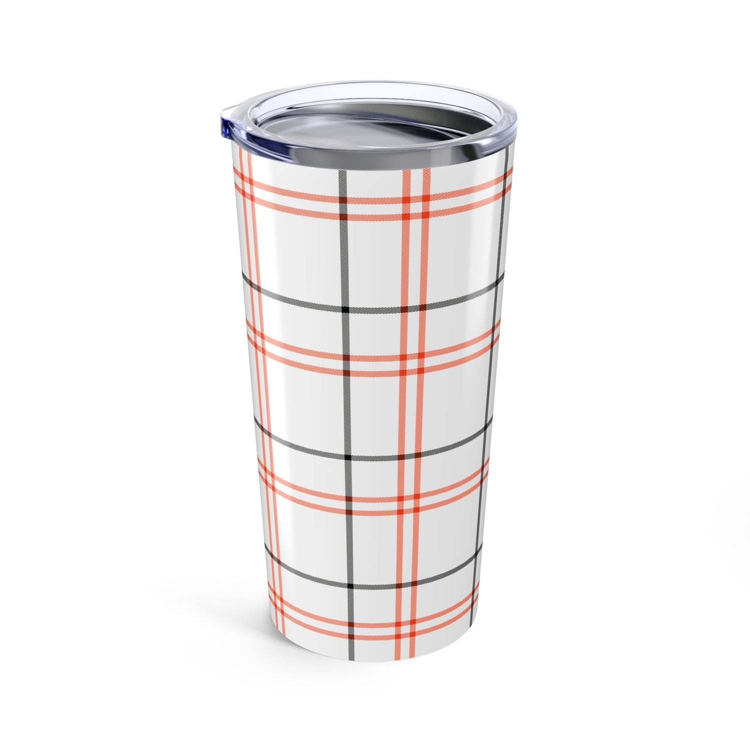 Plaid-patterned tumbler with a clear lid on a white background