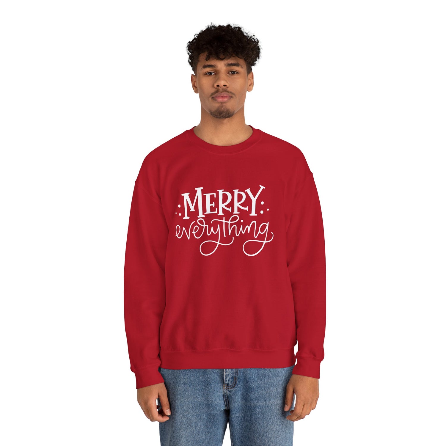 Person wearing a red sweatshirt with 'Merry Everything' text on a white background