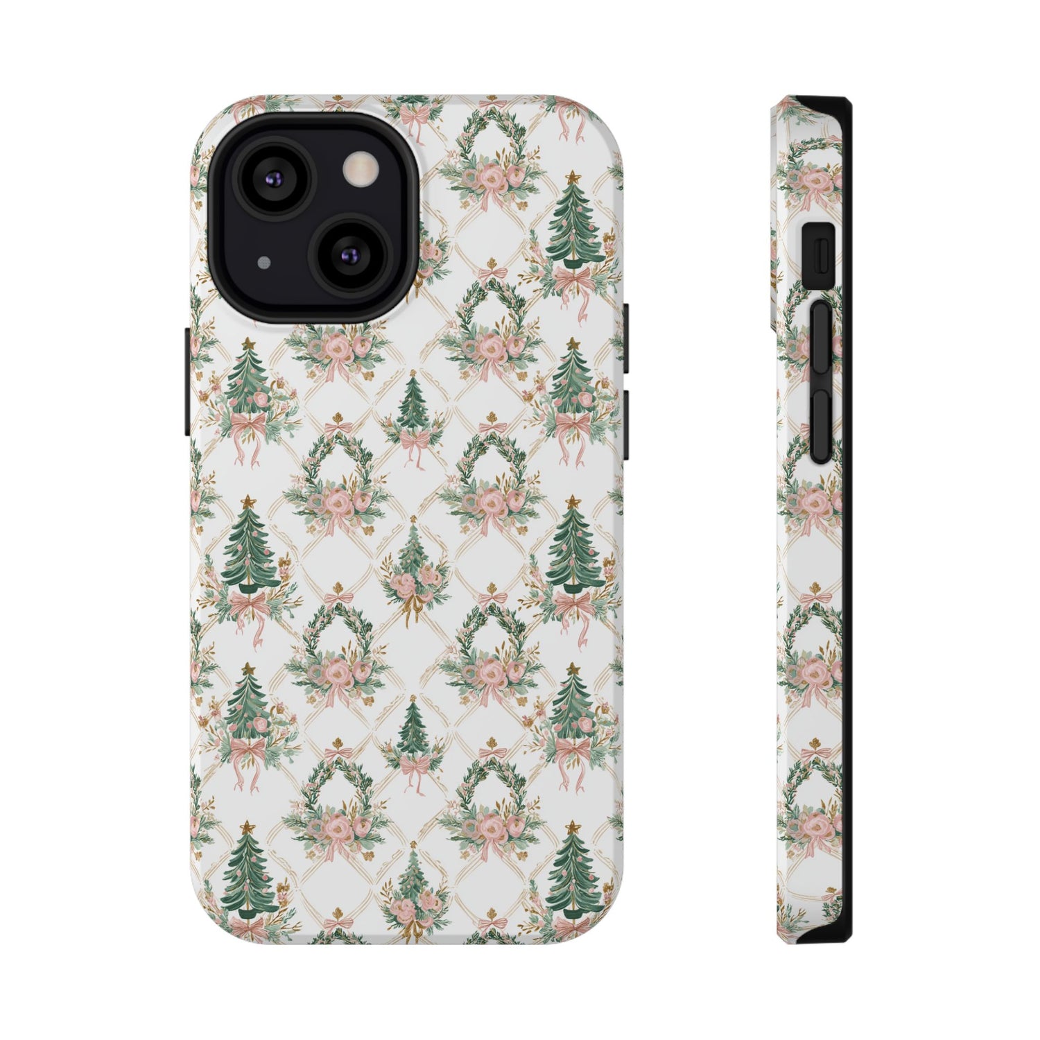 Phone case with Christmas tree and floral pattern on a white background