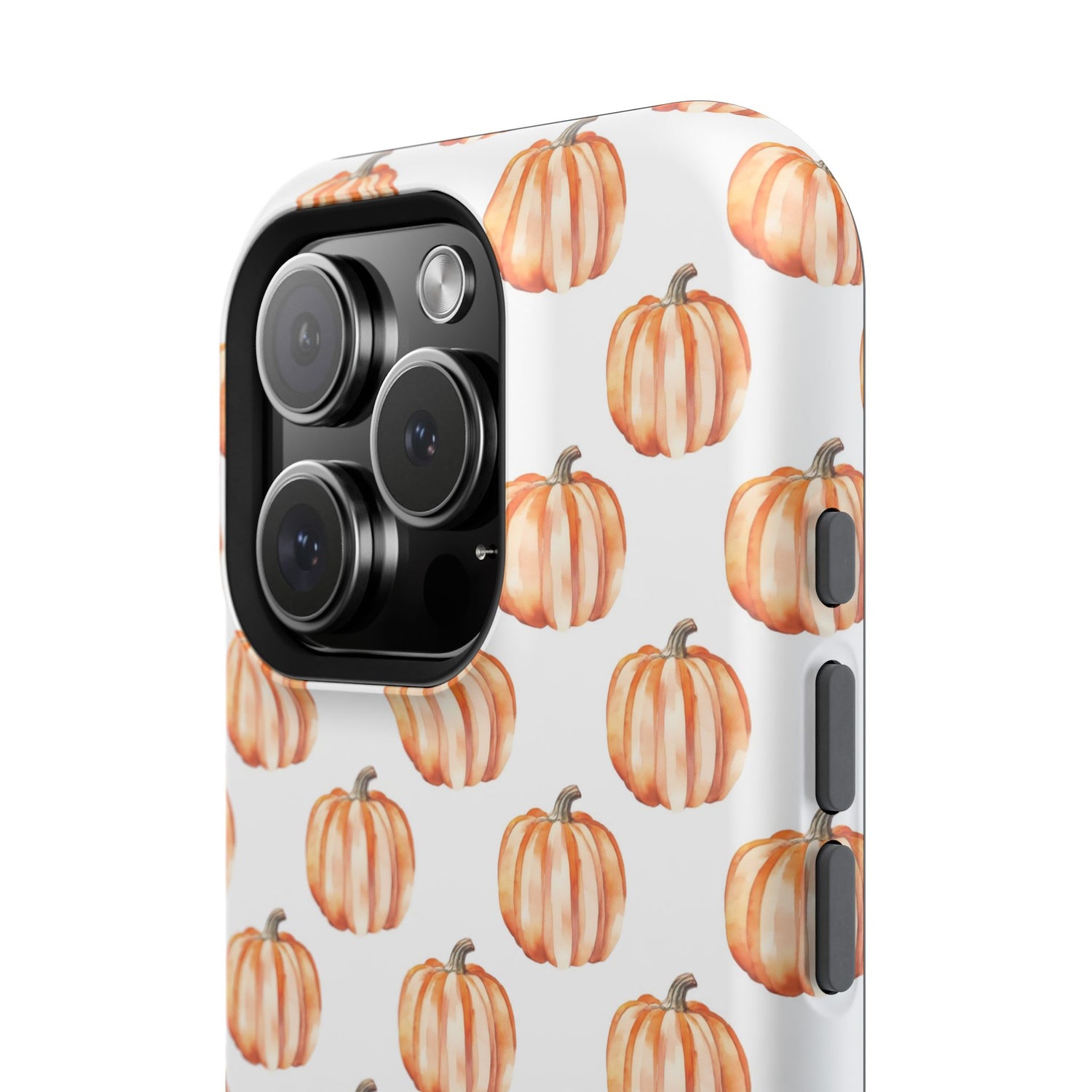 A phone case with a pattern of pumpkins on a white background, featuring a camera cutout and a black border at the top.