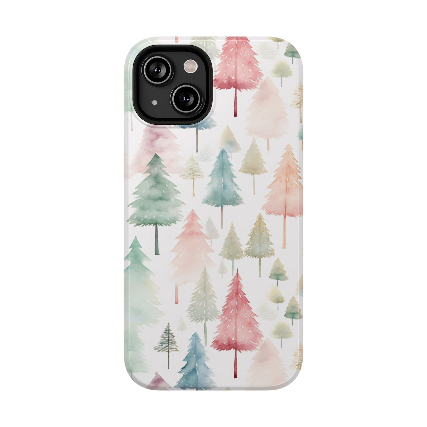 A phone case with a Christmas tree watercolor print, featuring a black plastic border and a wireless charging camera cut-out on the back.