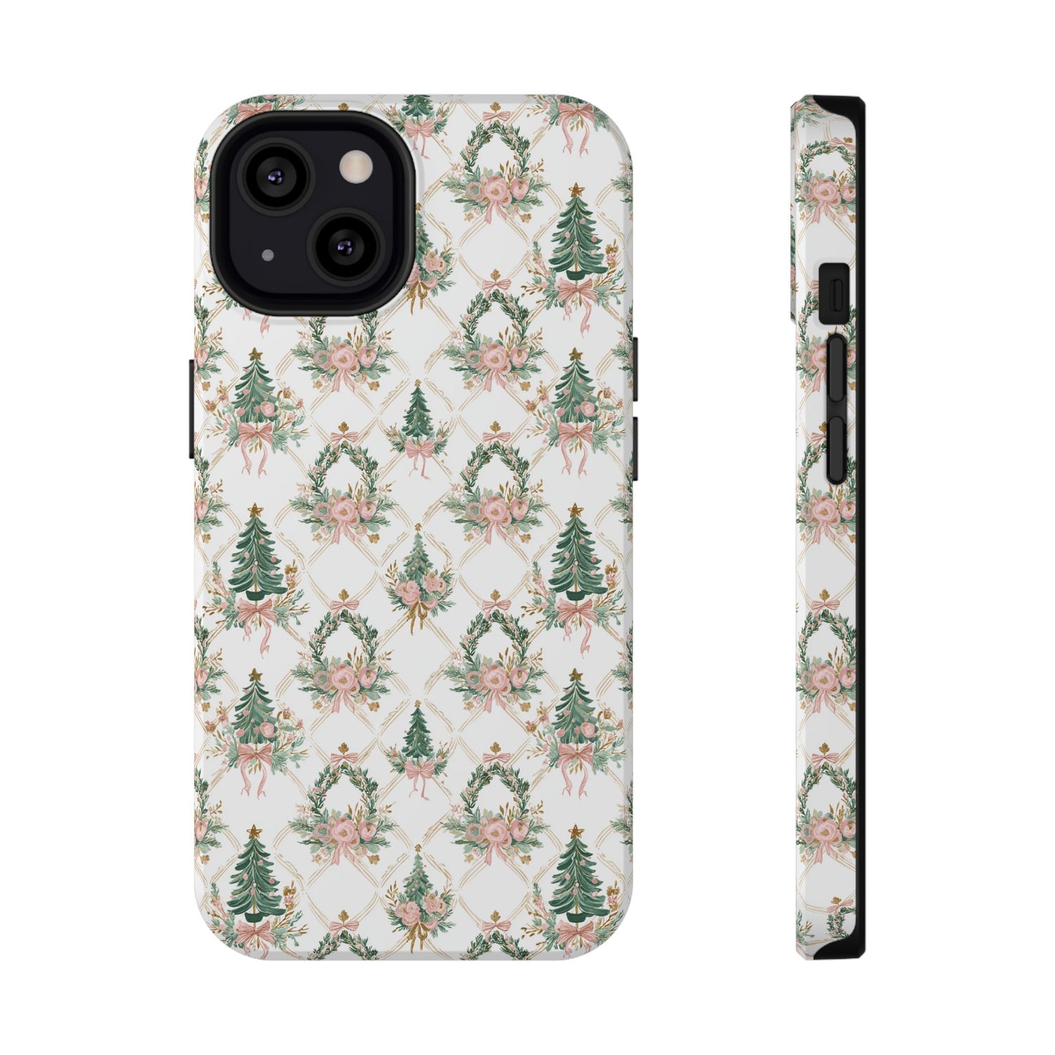 Phone case with Christmas tree and wreath pattern on a white background