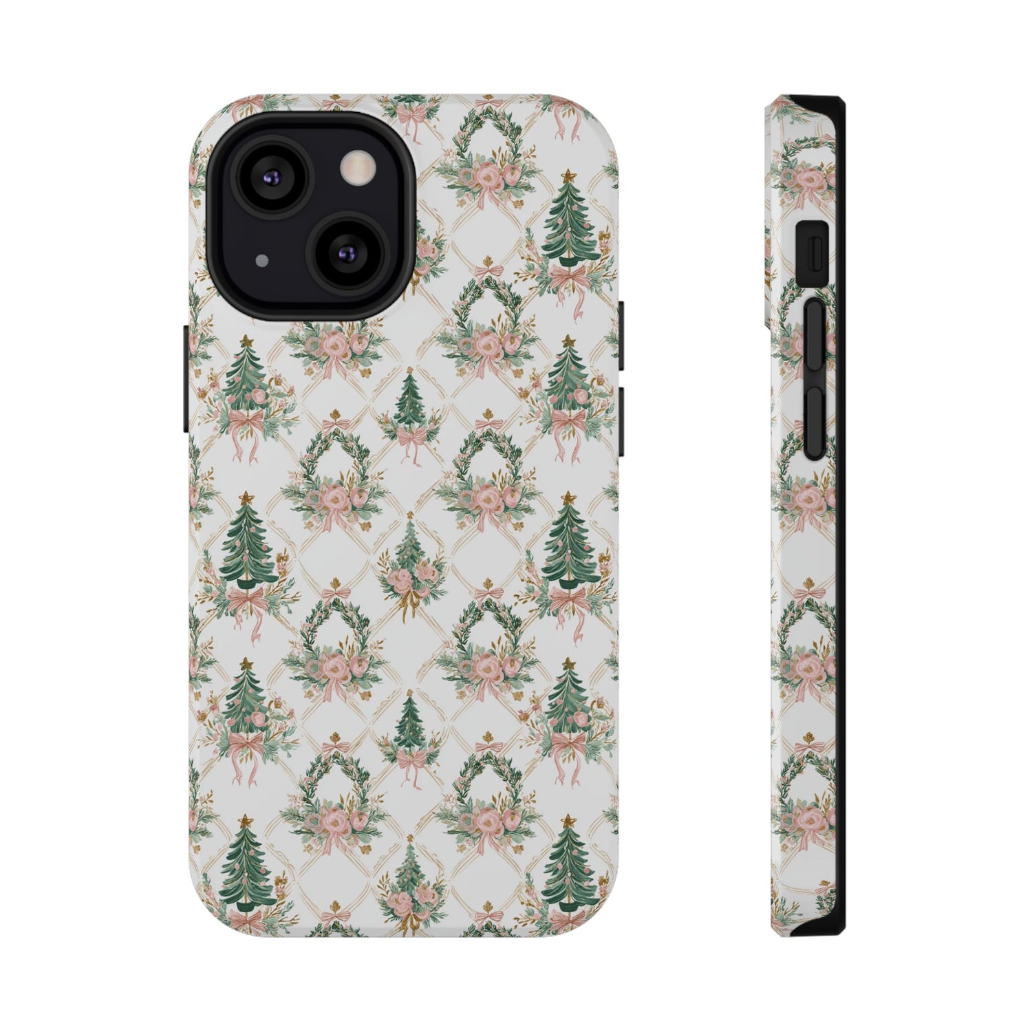 Phone case with Christmas tree and wreath pattern on a white background