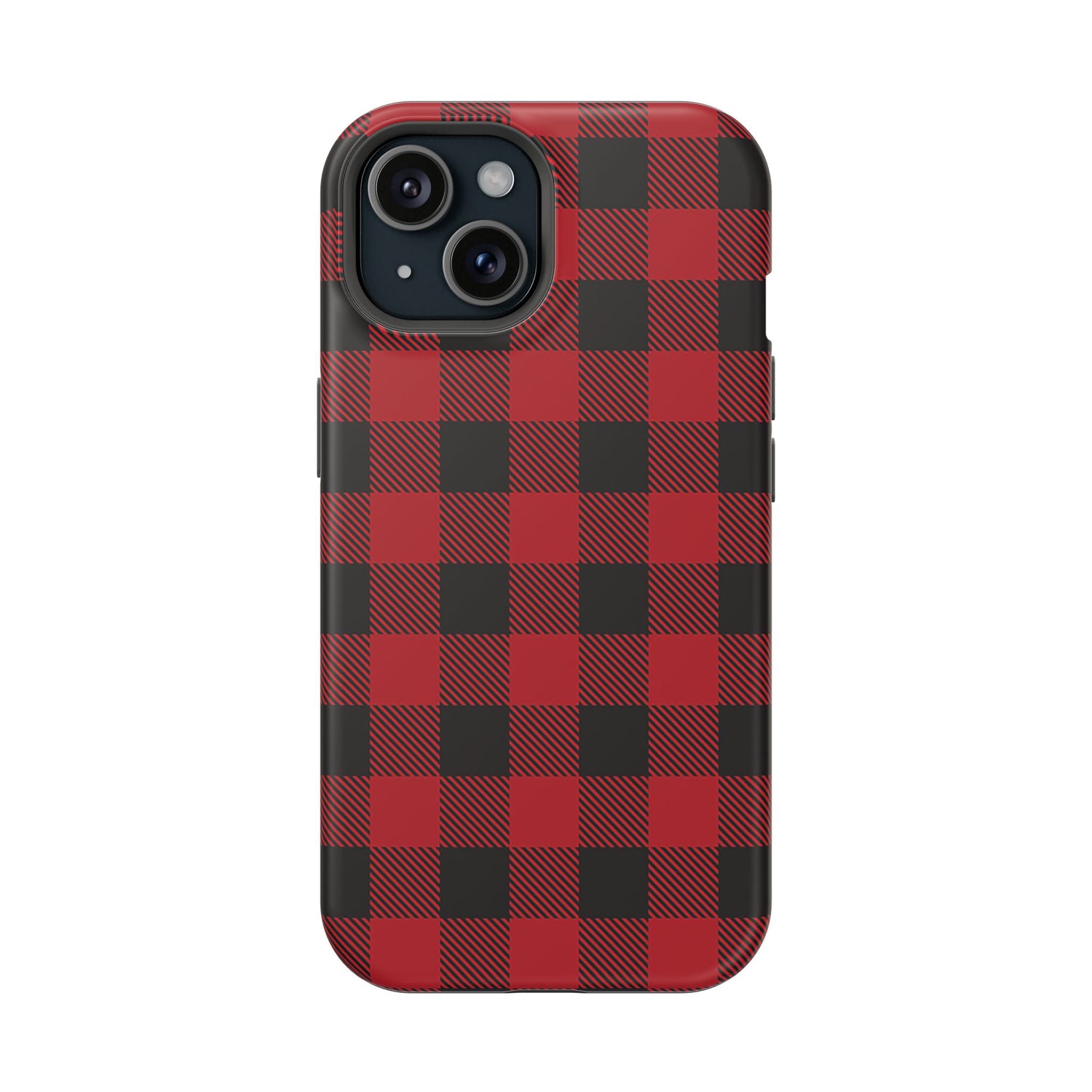 A red and black checkered phone case with a buffalo plaid pattern, featuring a camera cutout on the back and sides.