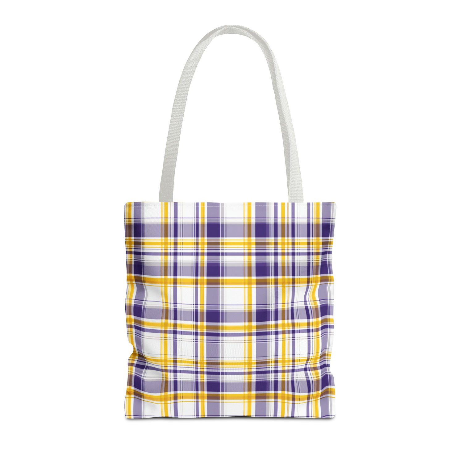 Plaid tote bag with purple, yellow, and white pattern on a white background