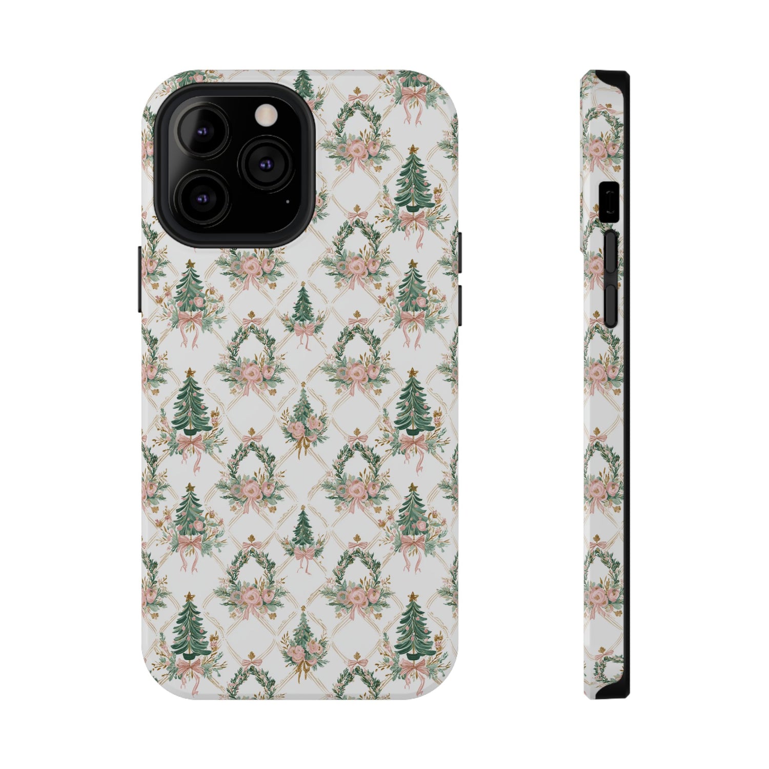 Phone case with Christmas tree and wreath pattern on a white background