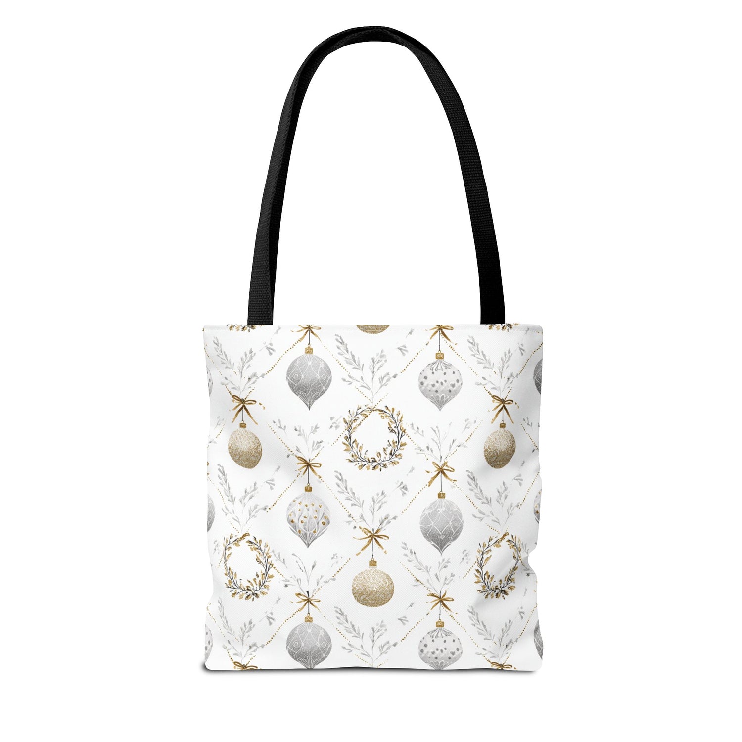 Tote bag with Christmas ornament pattern on a white background