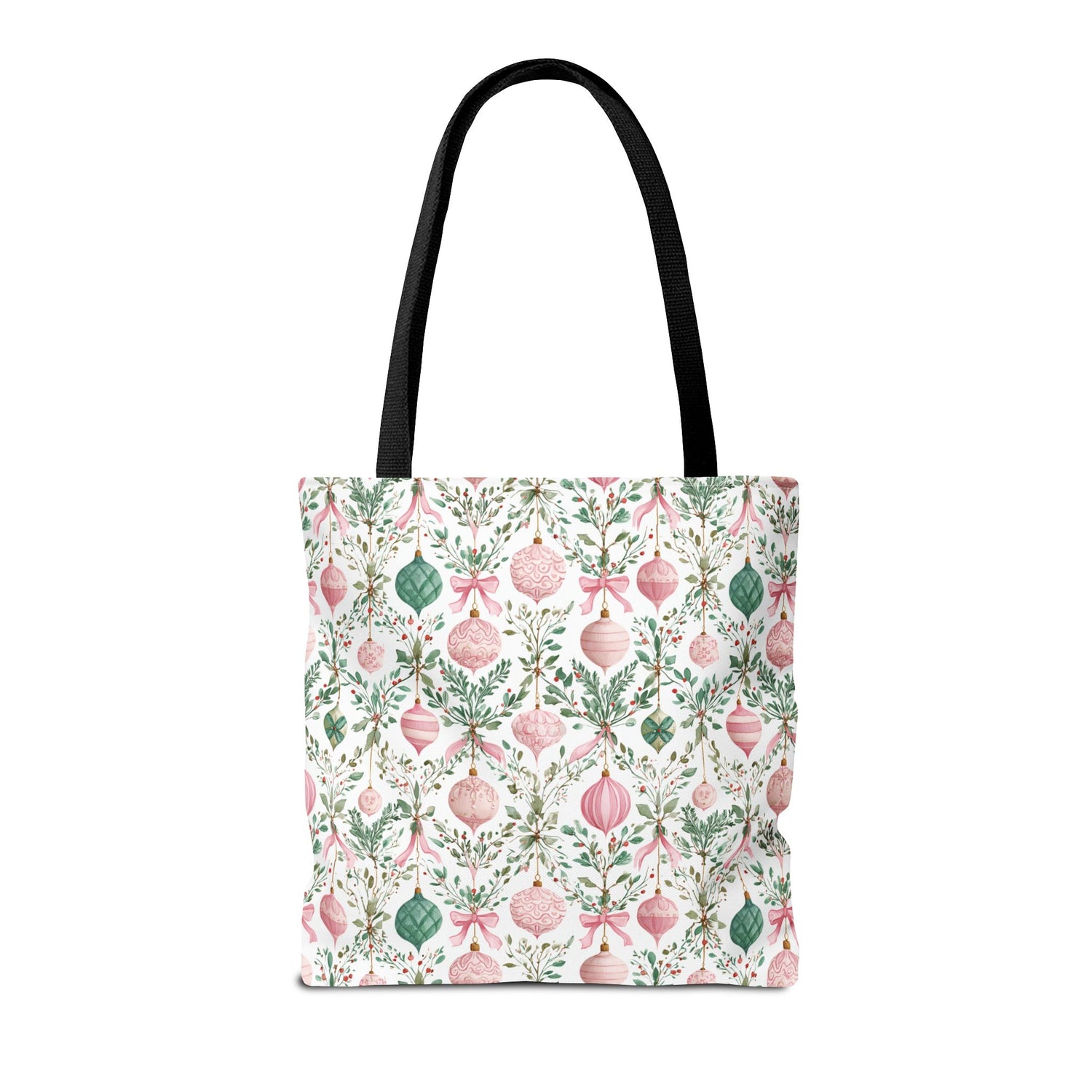 Tote bag with Christmas ornament pattern on a white background