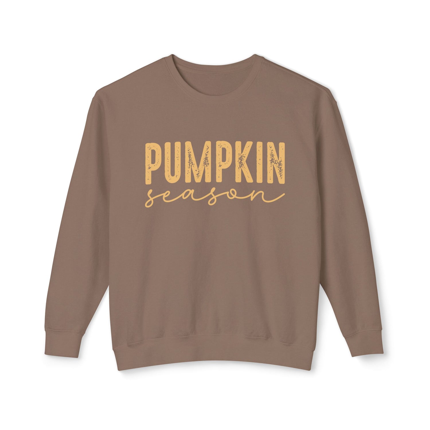 Brown sweatshirt with 'Pumpkin season' text on a white background