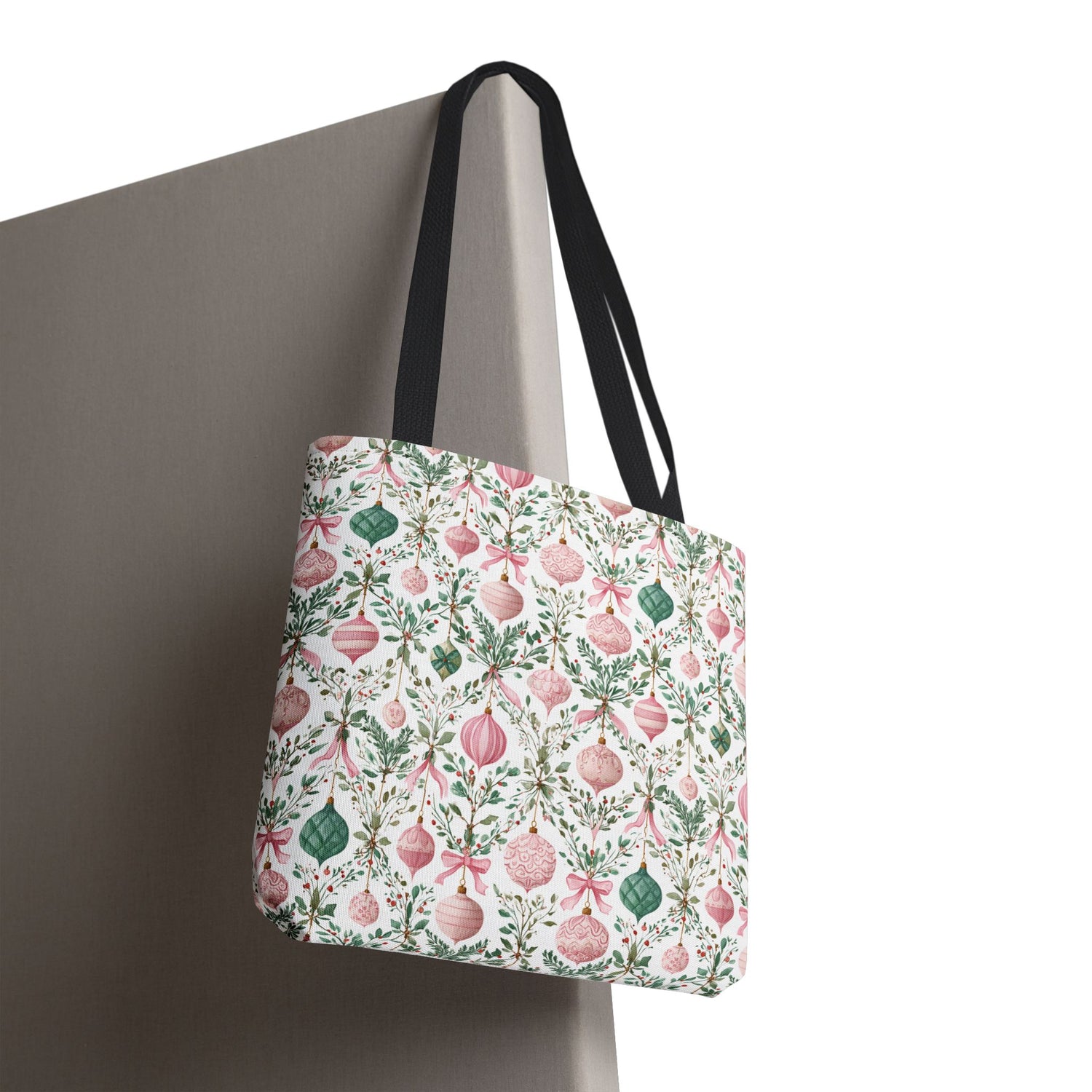 Tote bag with Christmas ornament pattern on a plain background