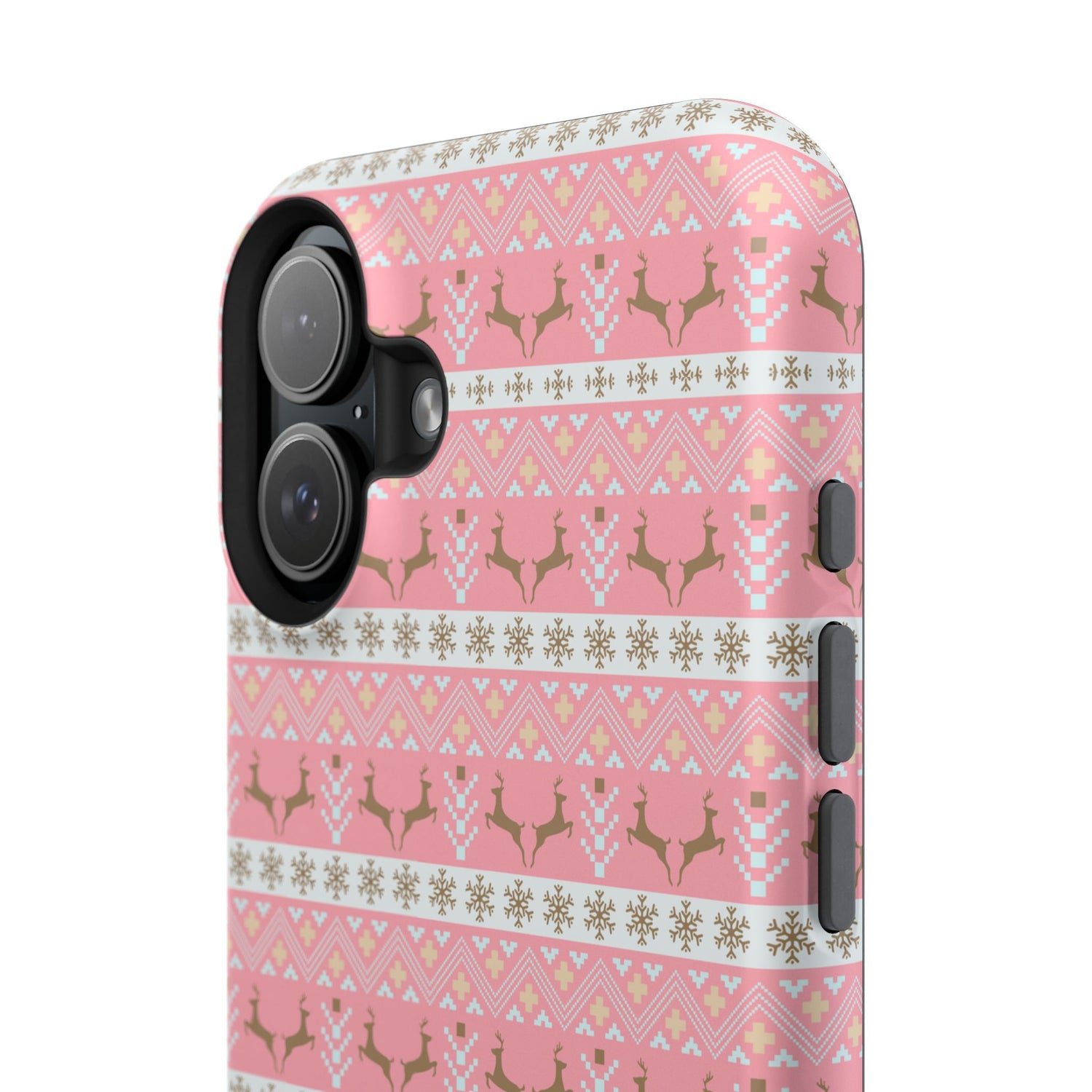 A pink Christmas-themed phone case with a pattern of deer antlers and stars, featuring a black removable TPU inner layer.