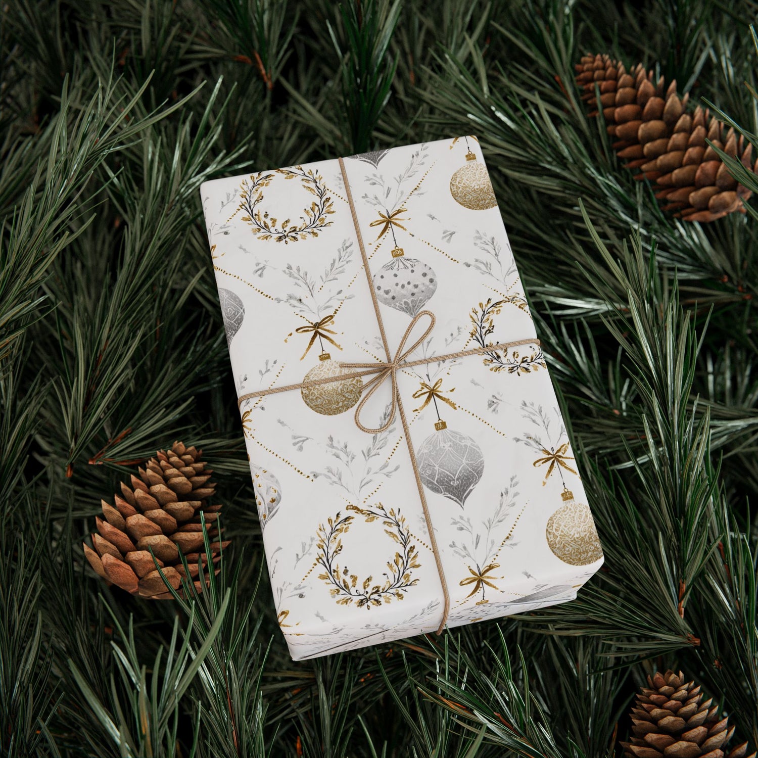 Premium Holiday Wrapping Paper, Silver and Gold Ornaments