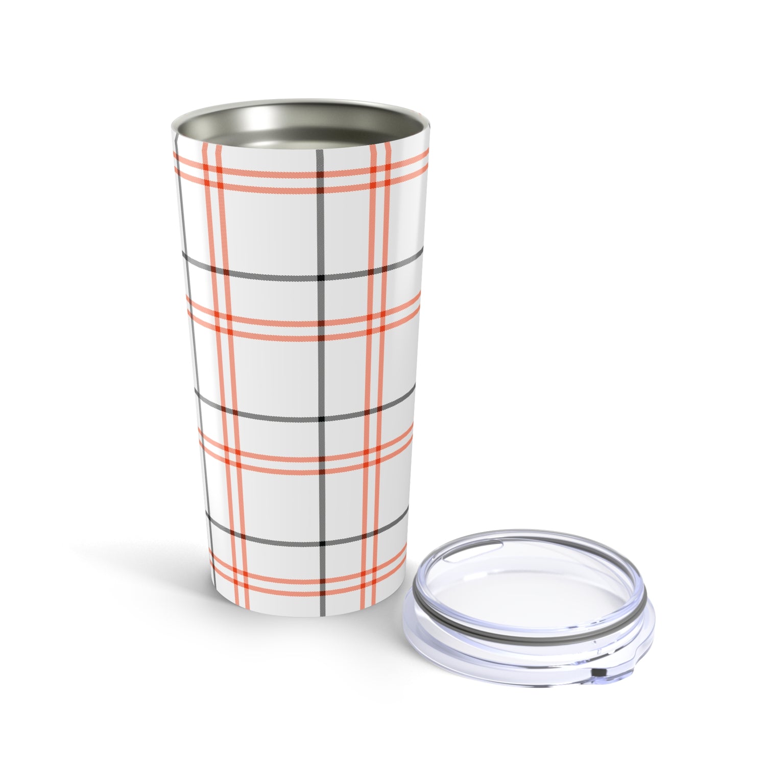 Plaid-patterned tumbler with a clear lid on a white background