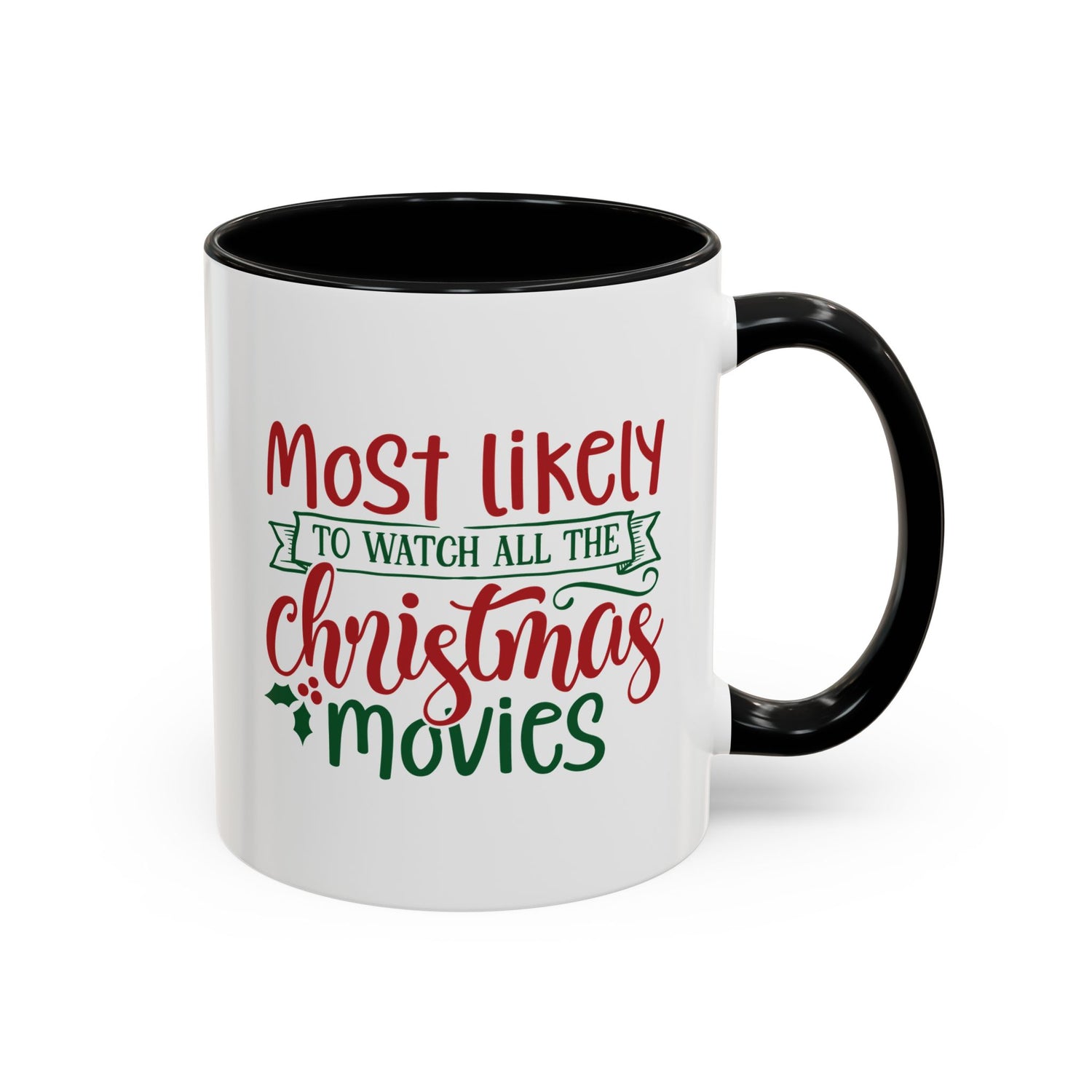 White mug with black handle and Christmas-themed text on a white background
