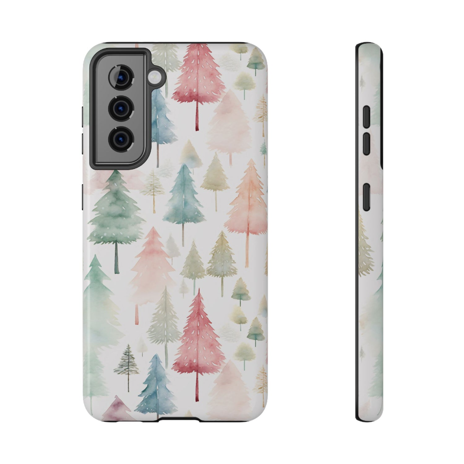 A phone case with a Christmas tree watercolor print, featuring a black plastic border and a wireless charging camera cut-out on the back.