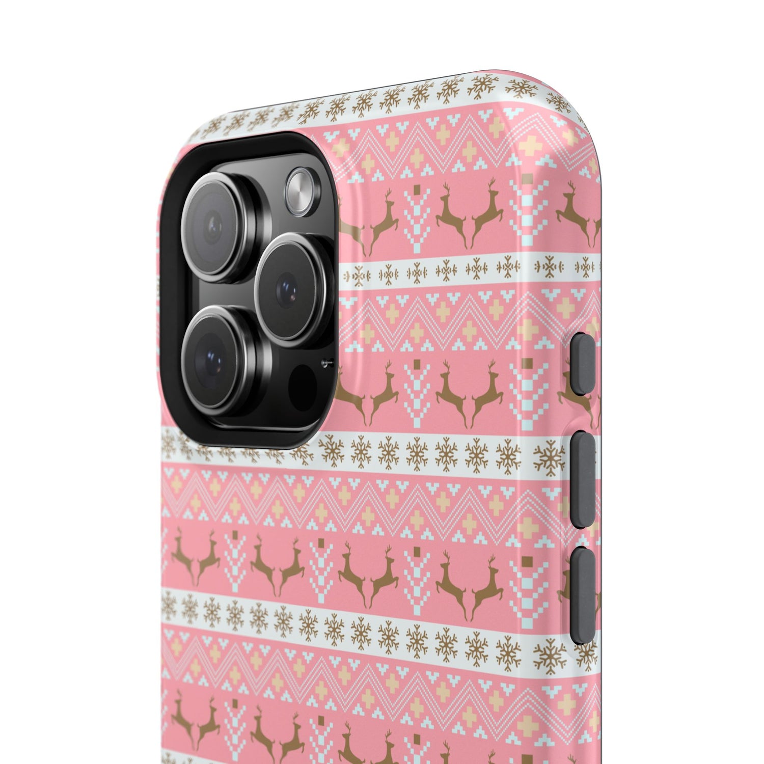 A pink Christmas-themed phone case with a pattern of deer antlers and stars, featuring a black removable TPU inner layer.