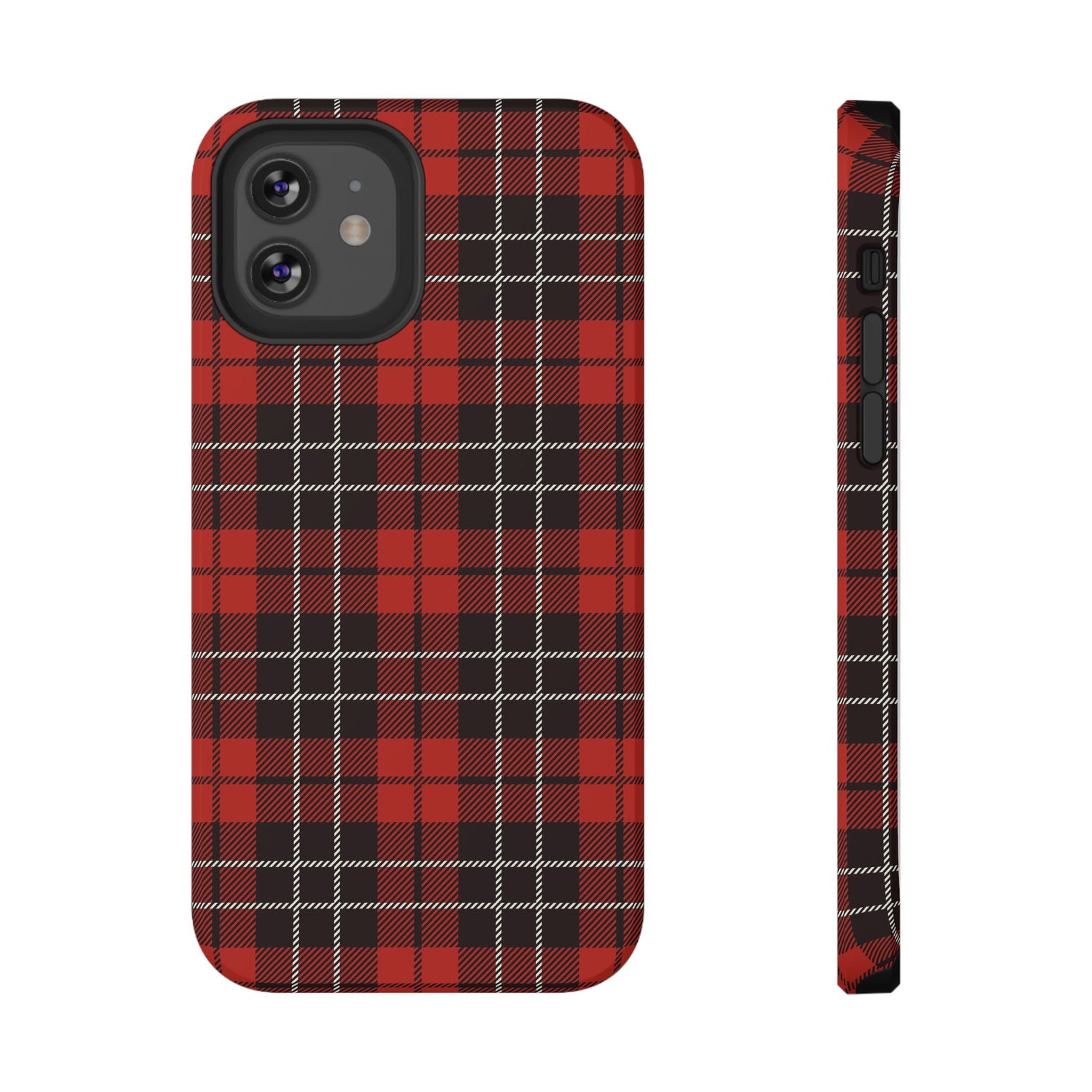 A red and black checkered phone case with a glossy finish on the front and a black removable TPU inner layer, shown from the front and side views.