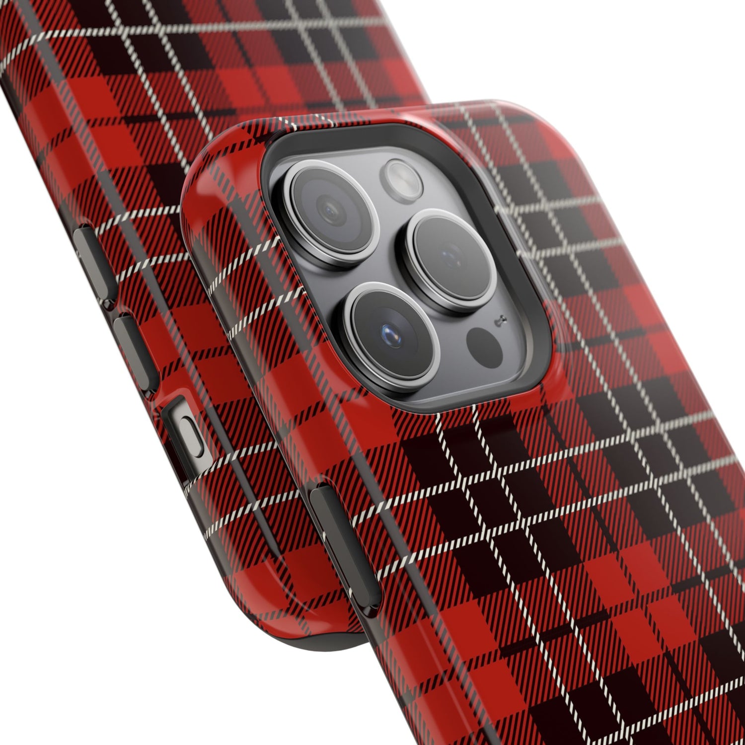 A red phone case with a Christmas tartan pattern, featuring a camera module with three lenses prominently displayed on the back.