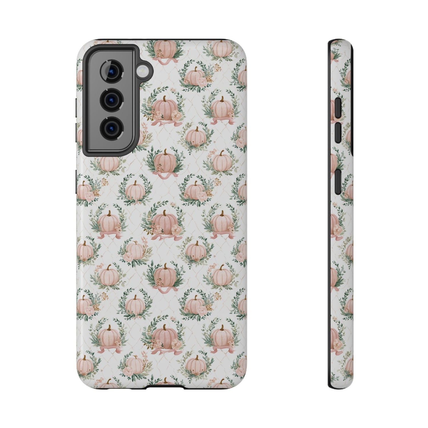 Phone case with pumpkin and leaf pattern on a white background