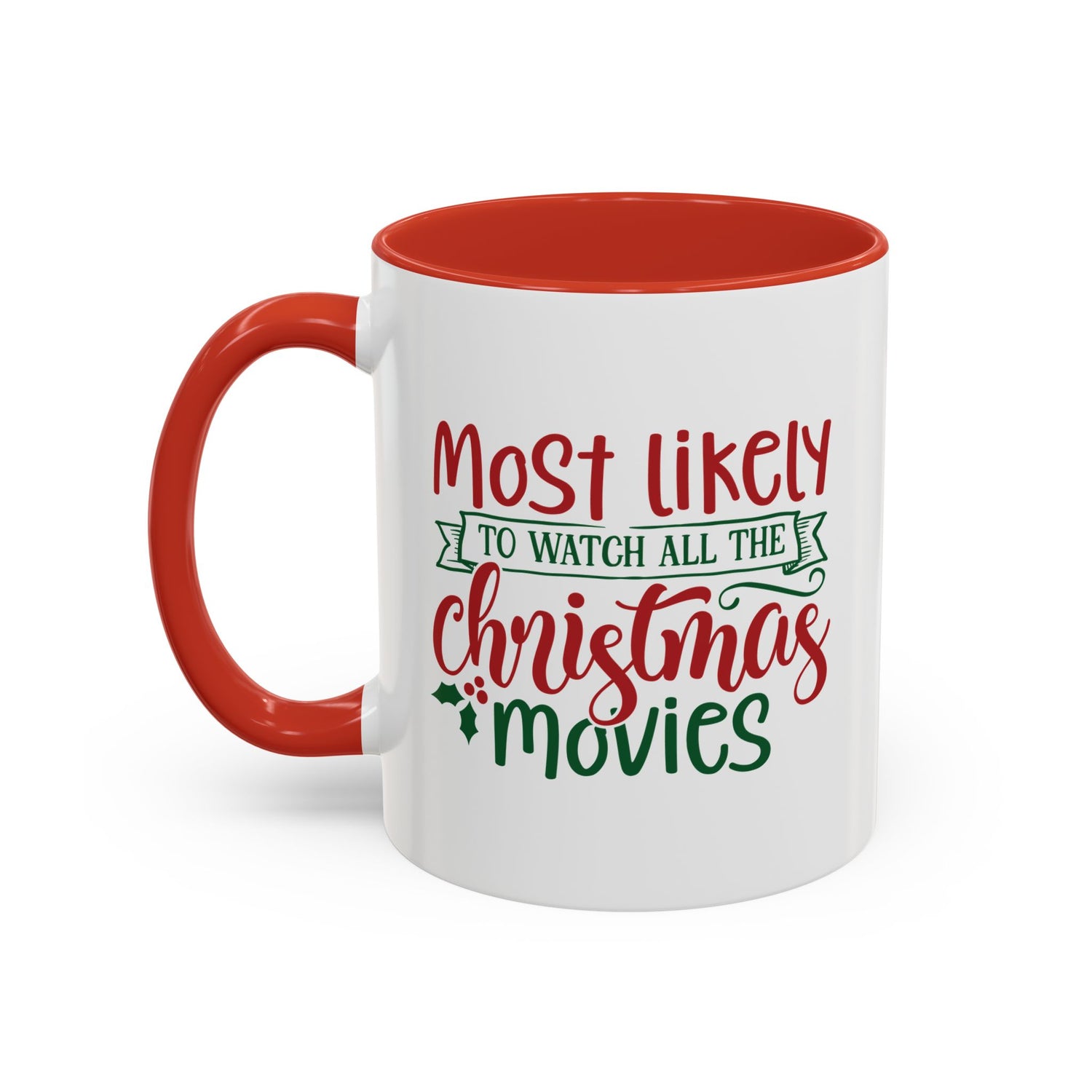 White mug with red interior and handle, featuring Christmas-themed text on a white background.