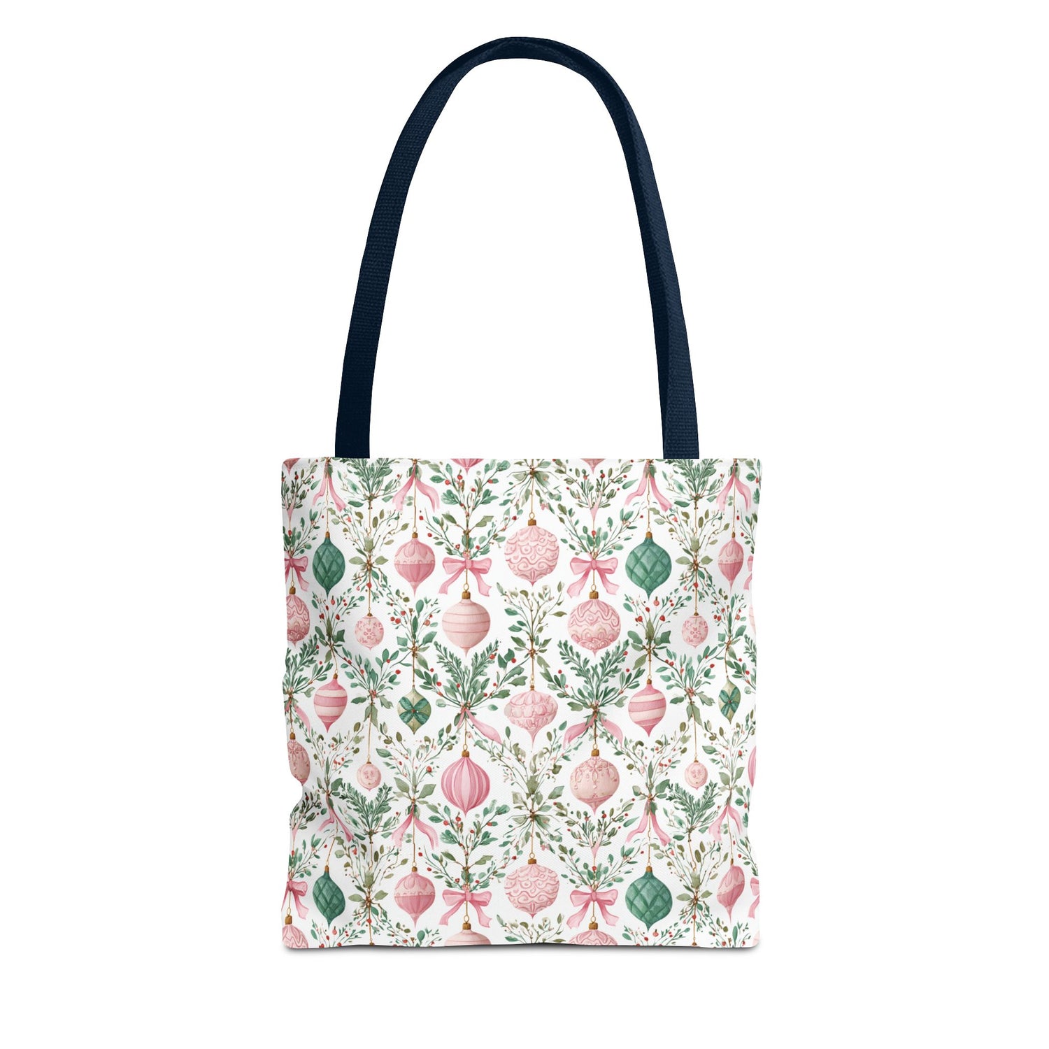 Tote bag with Christmas ornament pattern on a white background
