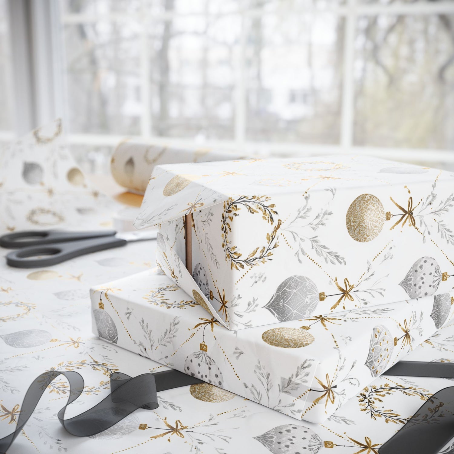 Premium Holiday Wrapping Paper, Silver and Gold Ornaments