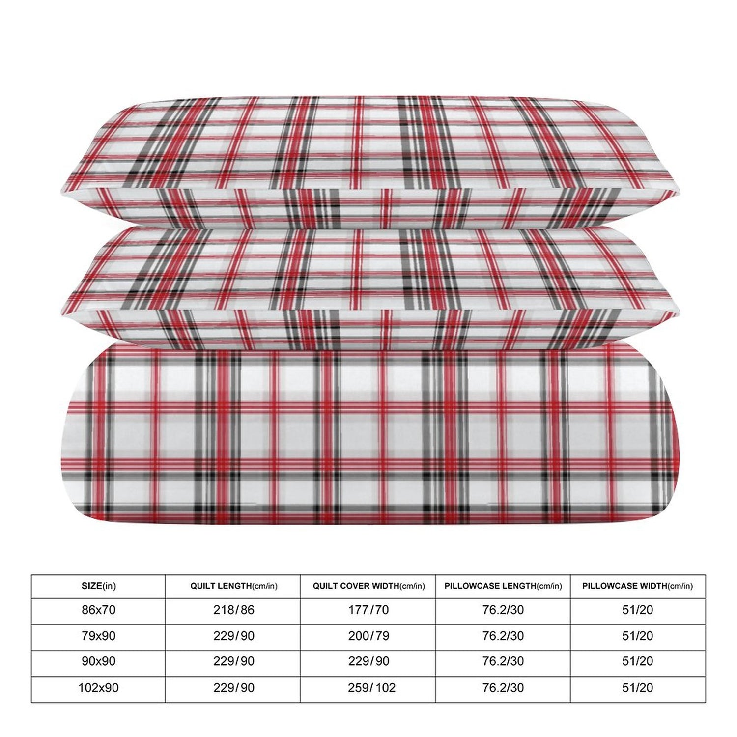 Stack of red and white plaid quilt covers with size chart on a white background