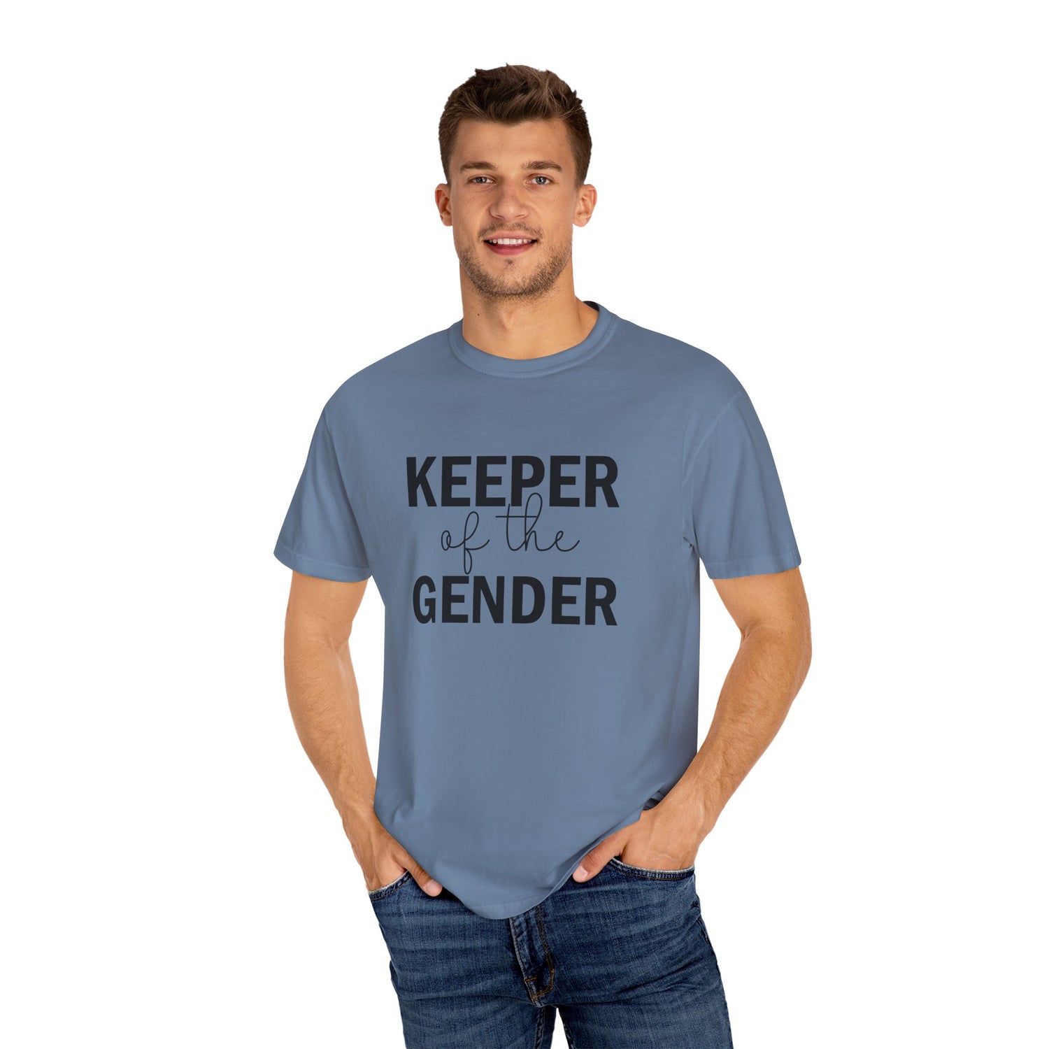 Unisex Garment-Dyed T-Shirt with 'Keeper of the Gender' Print | Funny New Baby Shirt, Casual Wear, Gender Reveal