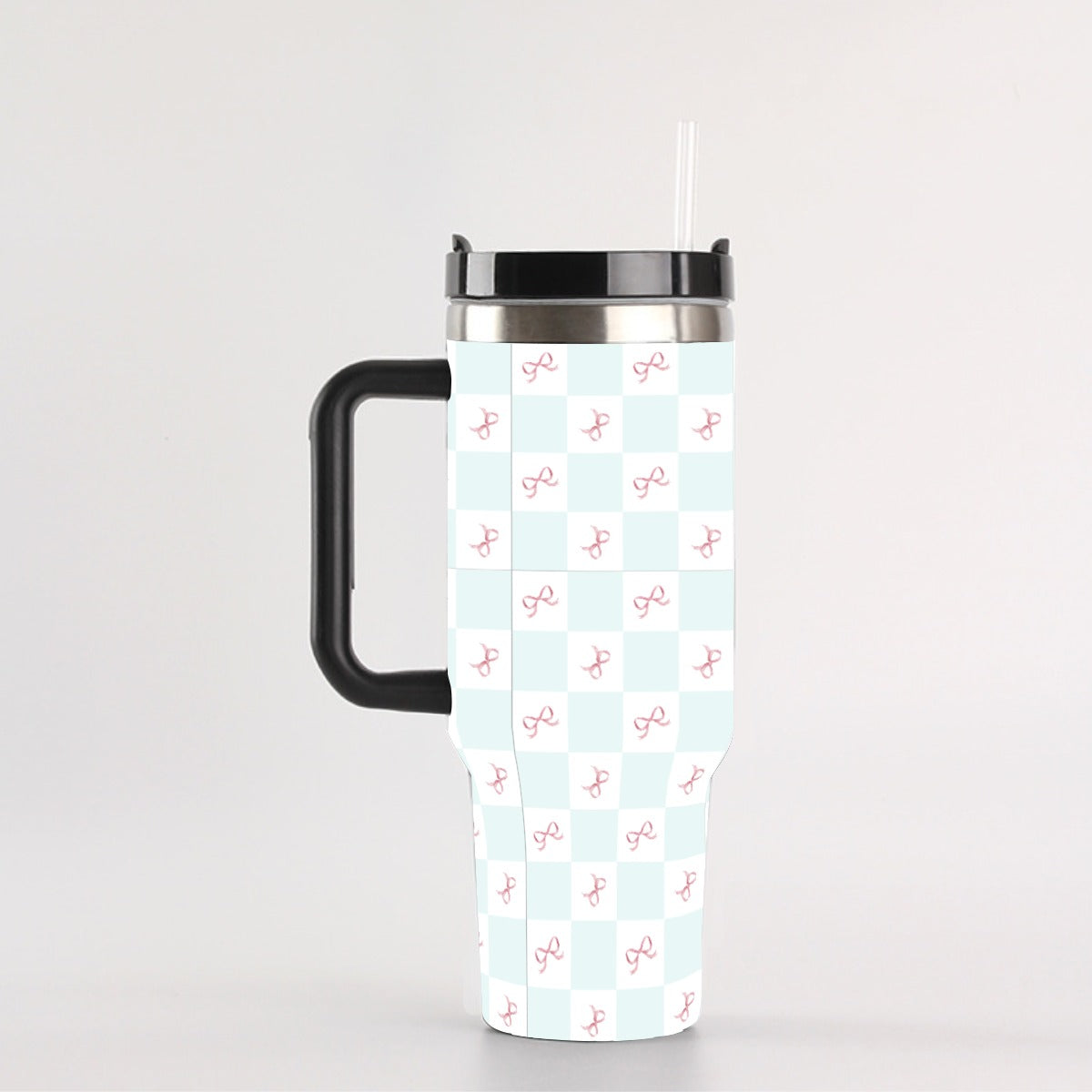 40 oz Tumbler With Handle - Coquette Bow Checks, Leak-Proof Insulated Cup with Straw and Silicone Lid, 304 Stainless Steel