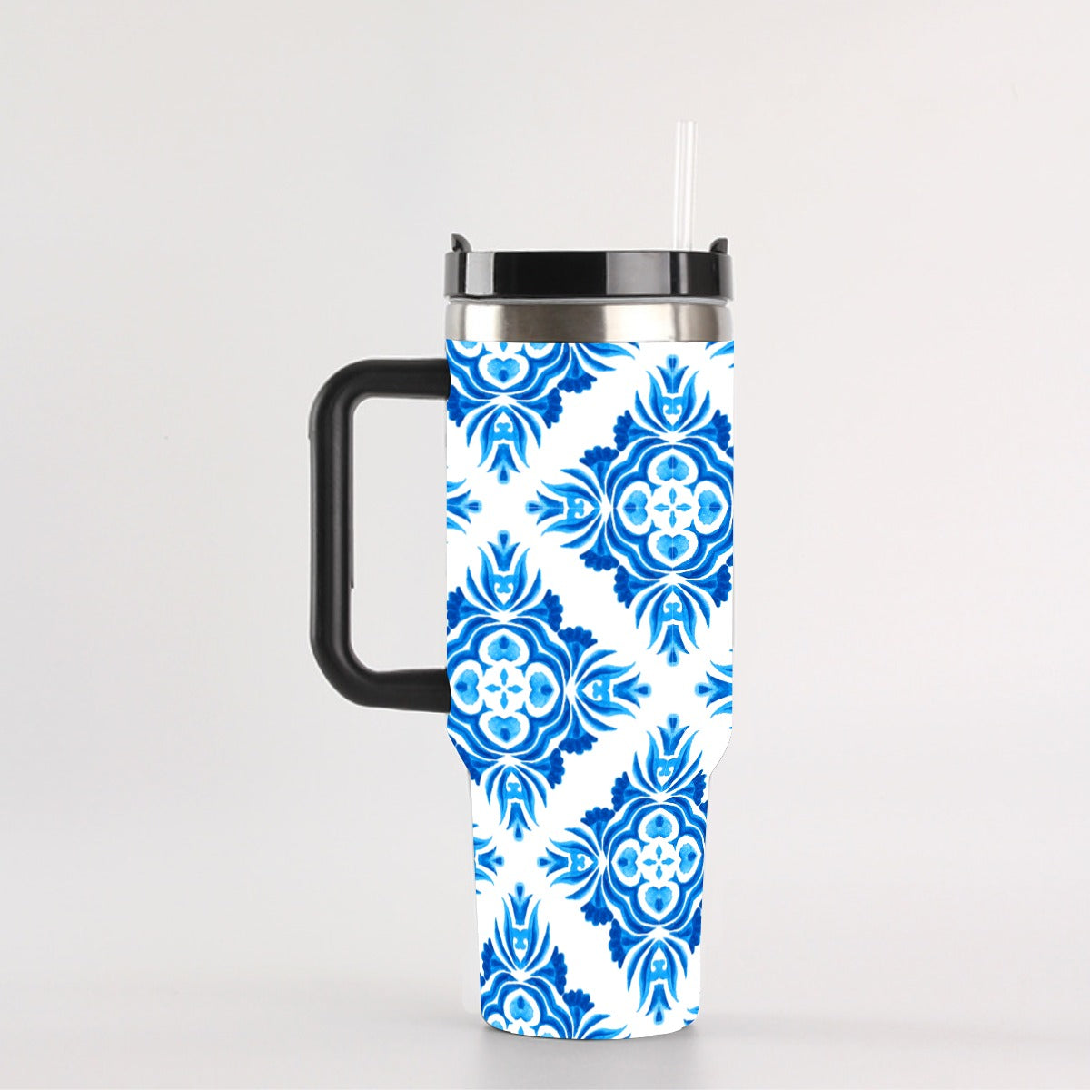 Bright Blue Floral 40 oz Tumbler With Handle