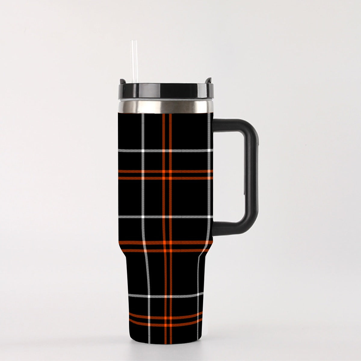 40 oz Tumbler With Handle - 304 Stainless Steel, Leak-Proof, Reusable Insulated Cup with Straw and Silicone Lid, Black Orange Tartan Plaid Design