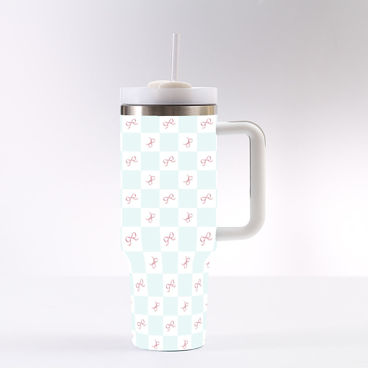 40 oz Tumbler With Handle - Coquette Bow Checks, Leak-Proof Insulated Cup with Straw and Silicone Lid, 304 Stainless Steel