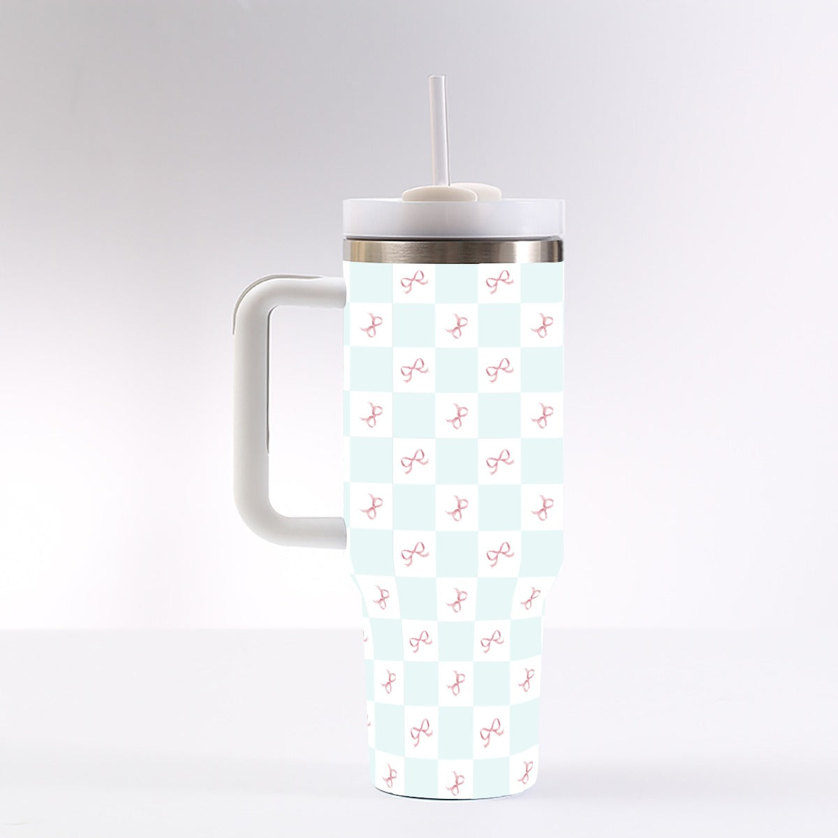 40 oz Tumbler With Handle - Coquette Bow Checks, Leak-Proof Insulated Cup with Straw and Silicone Lid, 304 Stainless Steel